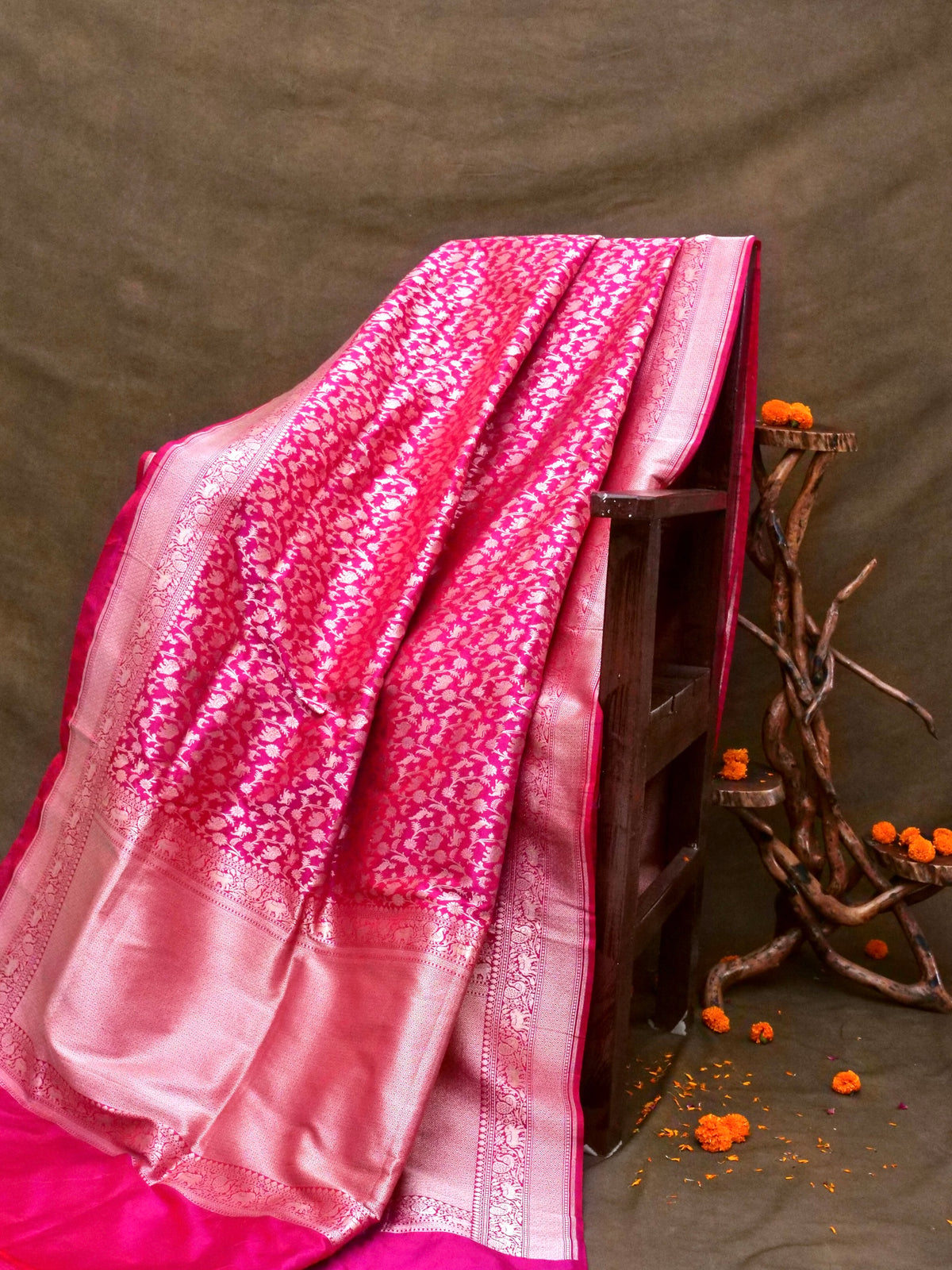 Handwoven Rani Pink Shikargah Pure Banarasi Katan Silk Saree