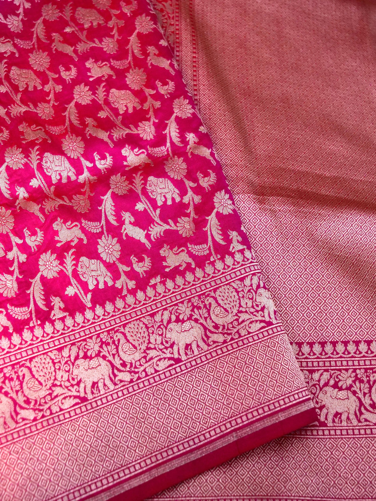 Handwoven Rani Pink Shikargah Pure Banarasi Katan Silk Saree