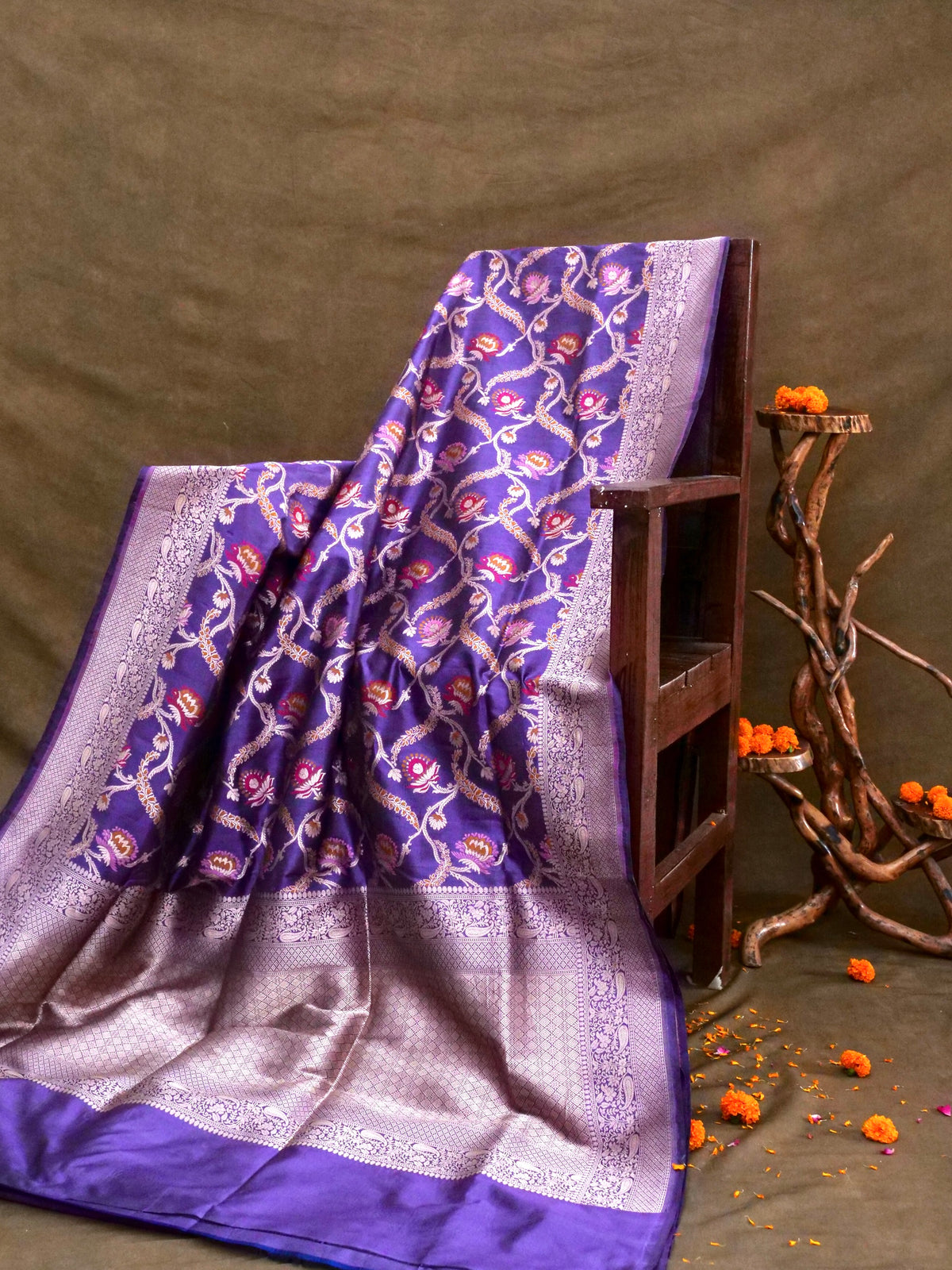 Handwoven Purple Meenakari Jaal Pure Banarasi Katan Silk Saree