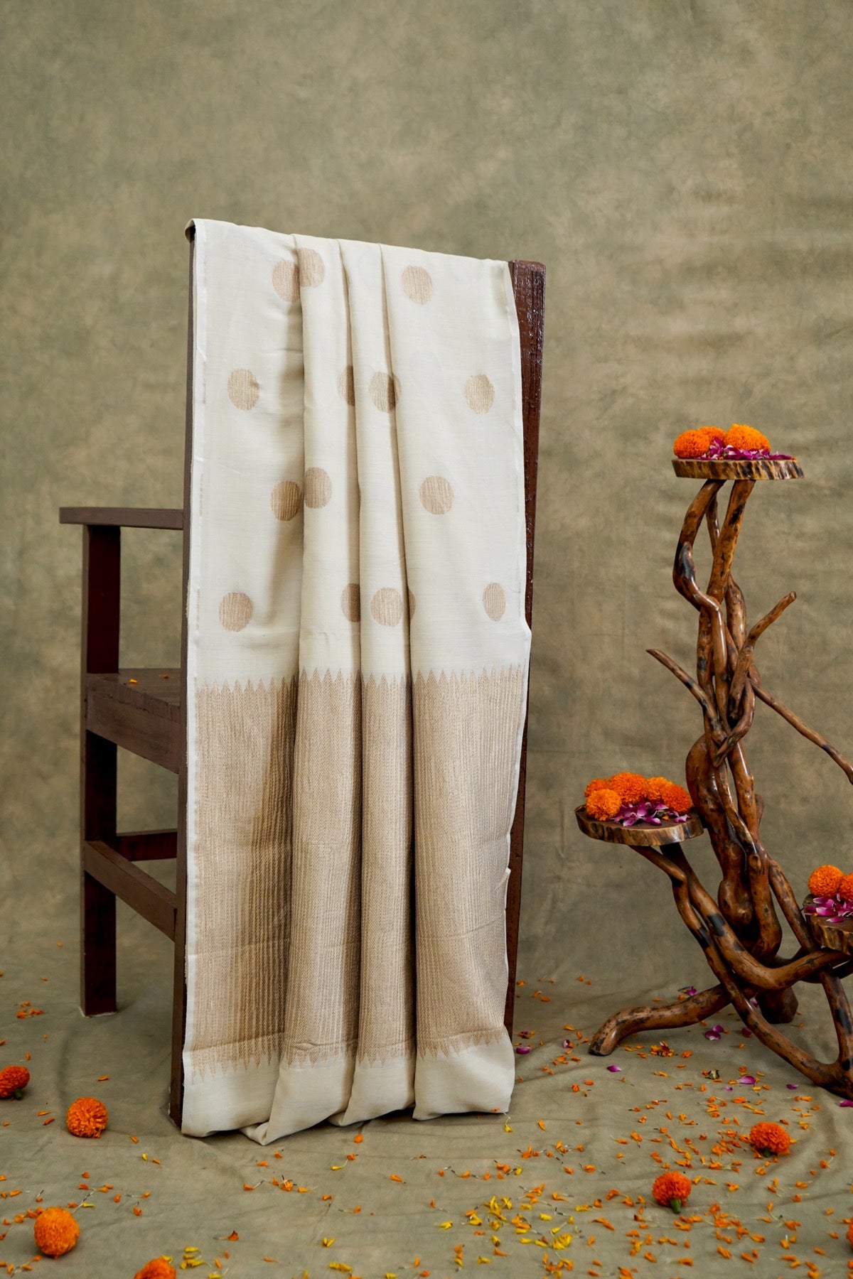 Handwoven Off White Polka Dot Pure Banarasi Muga Silk Saree