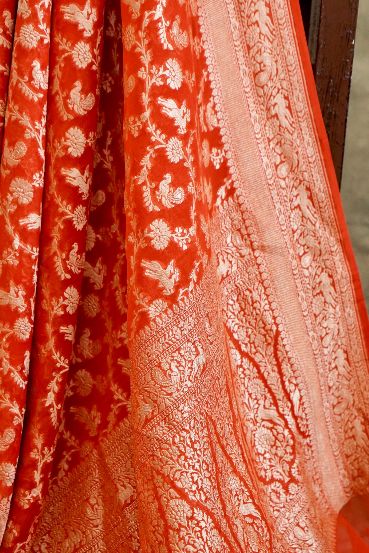 Handwoven Orange Pure Banarasi Shikargah Khaddi Georgette Saree