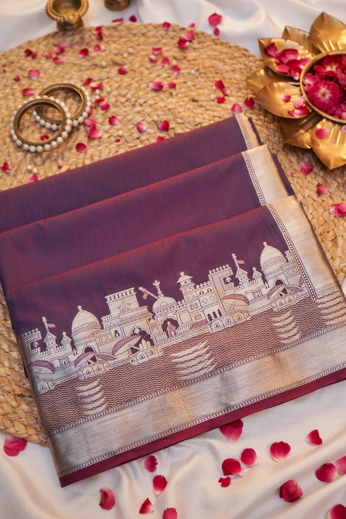 Berry Wine Banarasi Kashi Ghat Soft Silk Saree