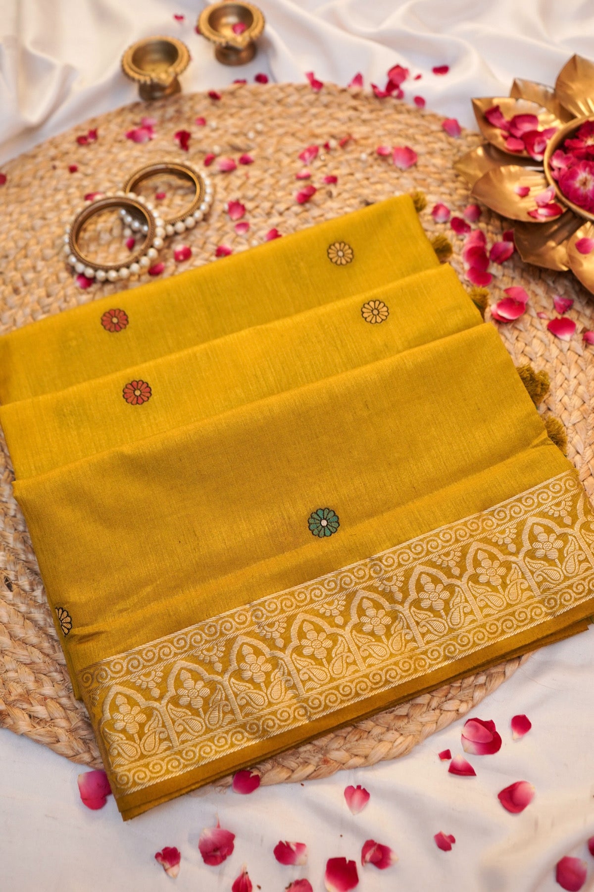Mehendi Yellow Banarasi Soft Tussar Silk Saree