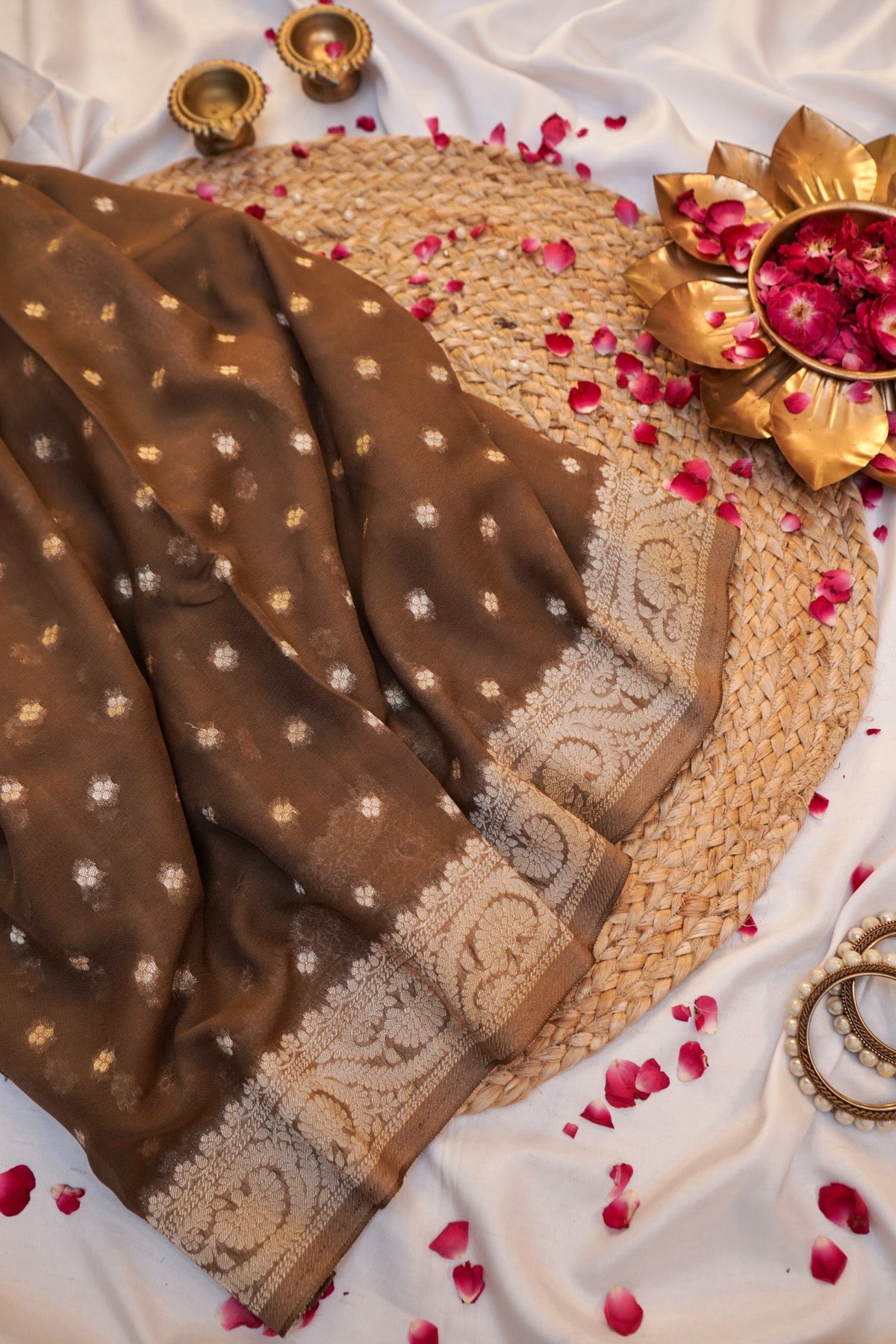 Gold Tan Banarasi Georgette Silk Saree