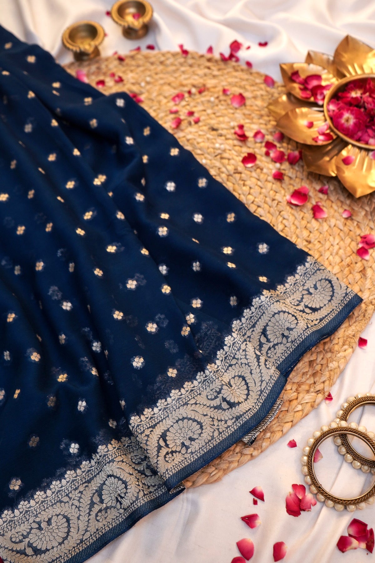 Midnight Blue Banarasi Georgette Silk Saree