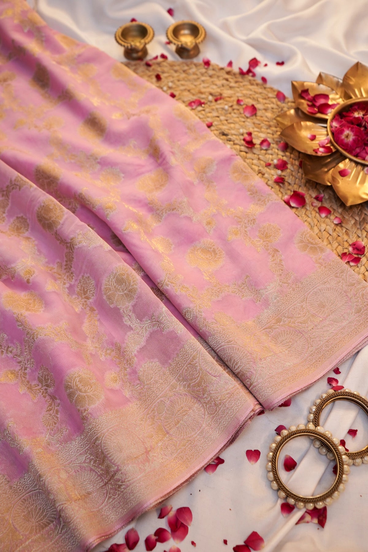Baby Pink Banarasi Georgette Silk Saree