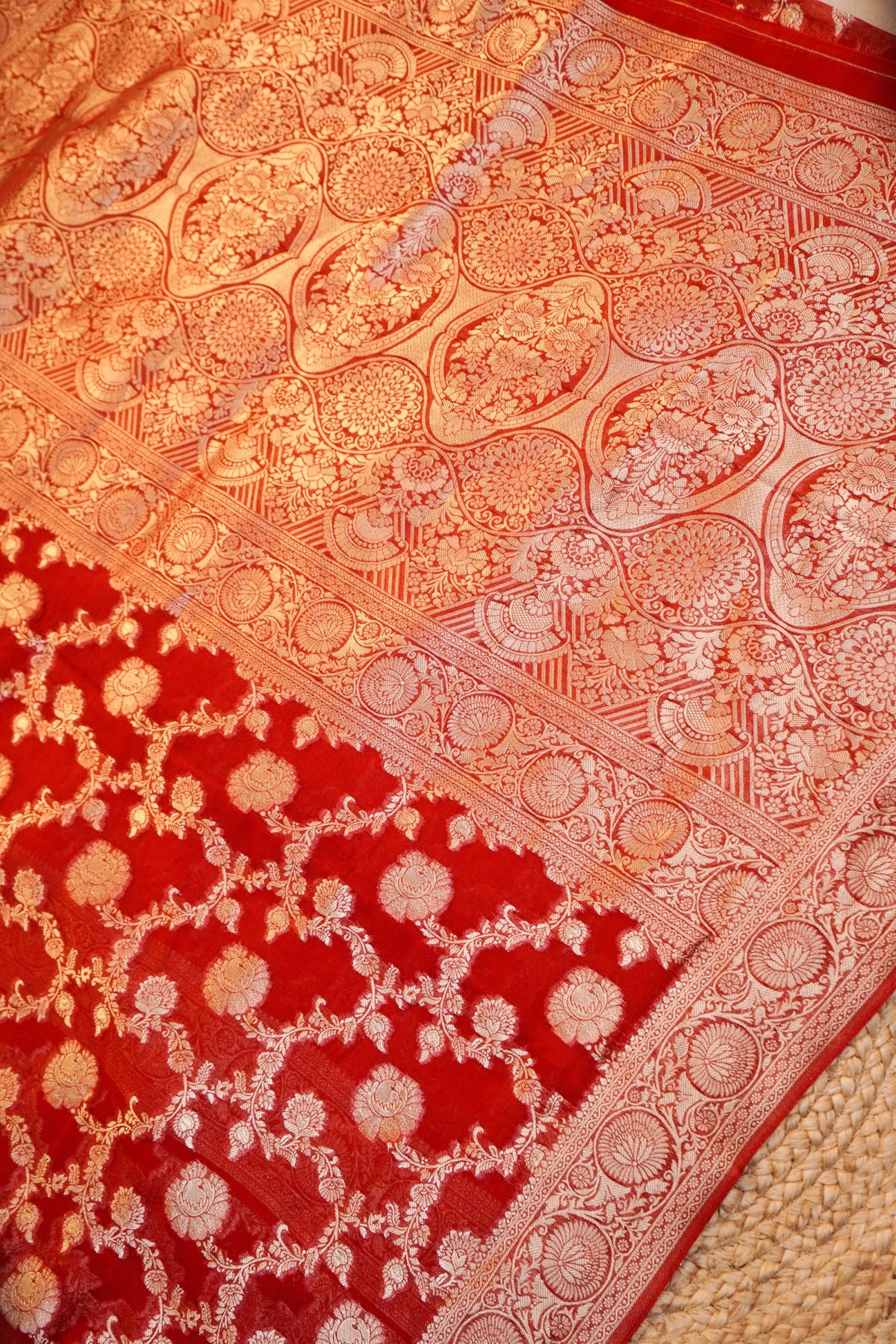 Scarlet Red Banarasi Georgette Silk Saree