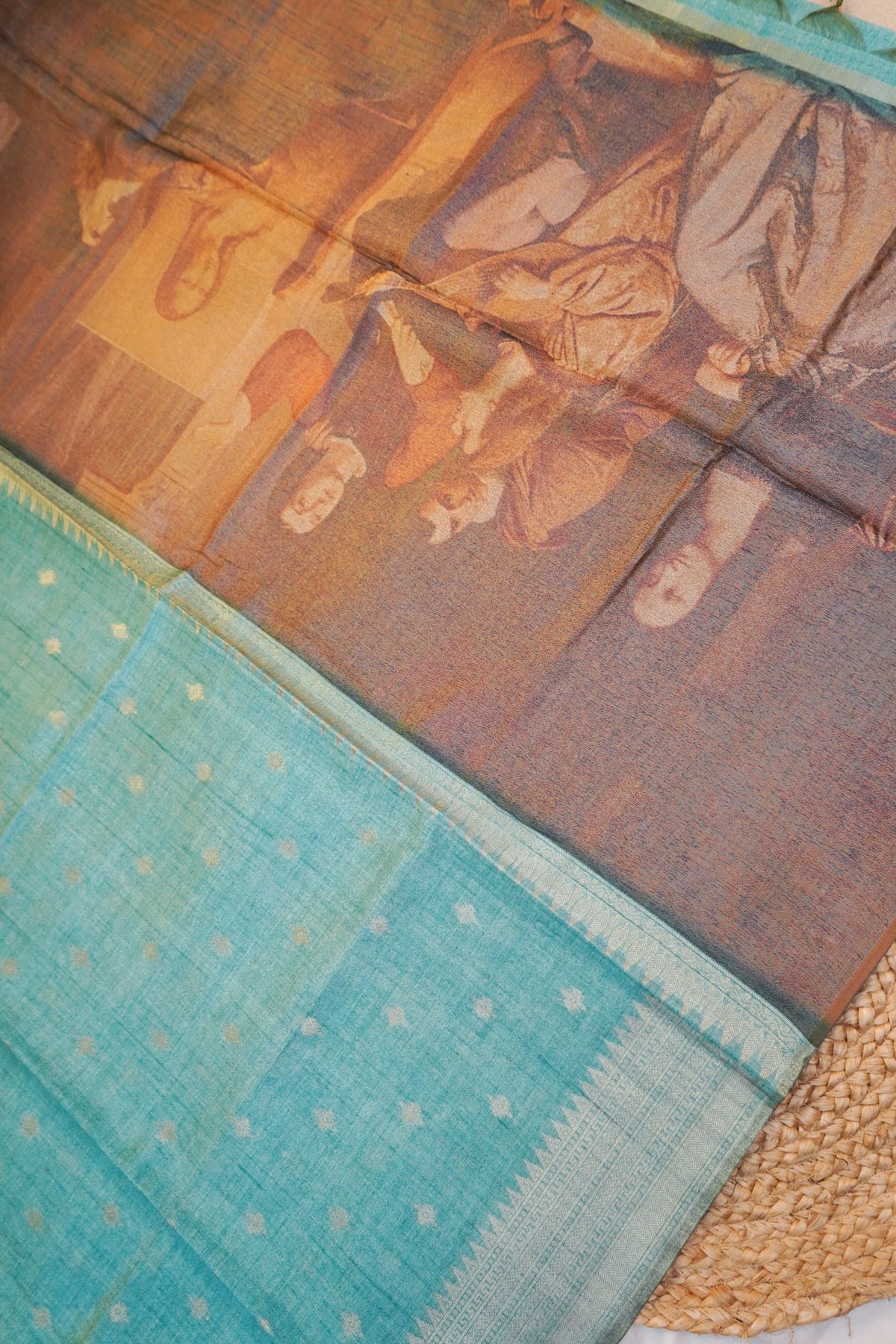 Turquoise Blue Banarasi Raw Tussar Silk Saree