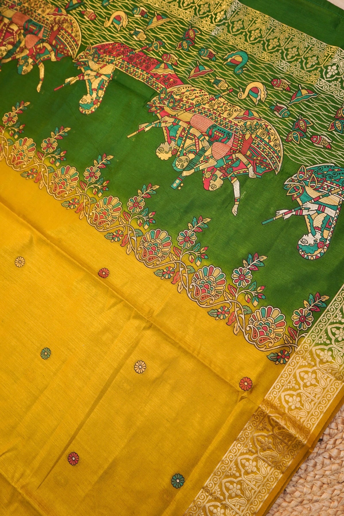 Mehendi Yellow Banarasi Soft Tussar Silk Saree