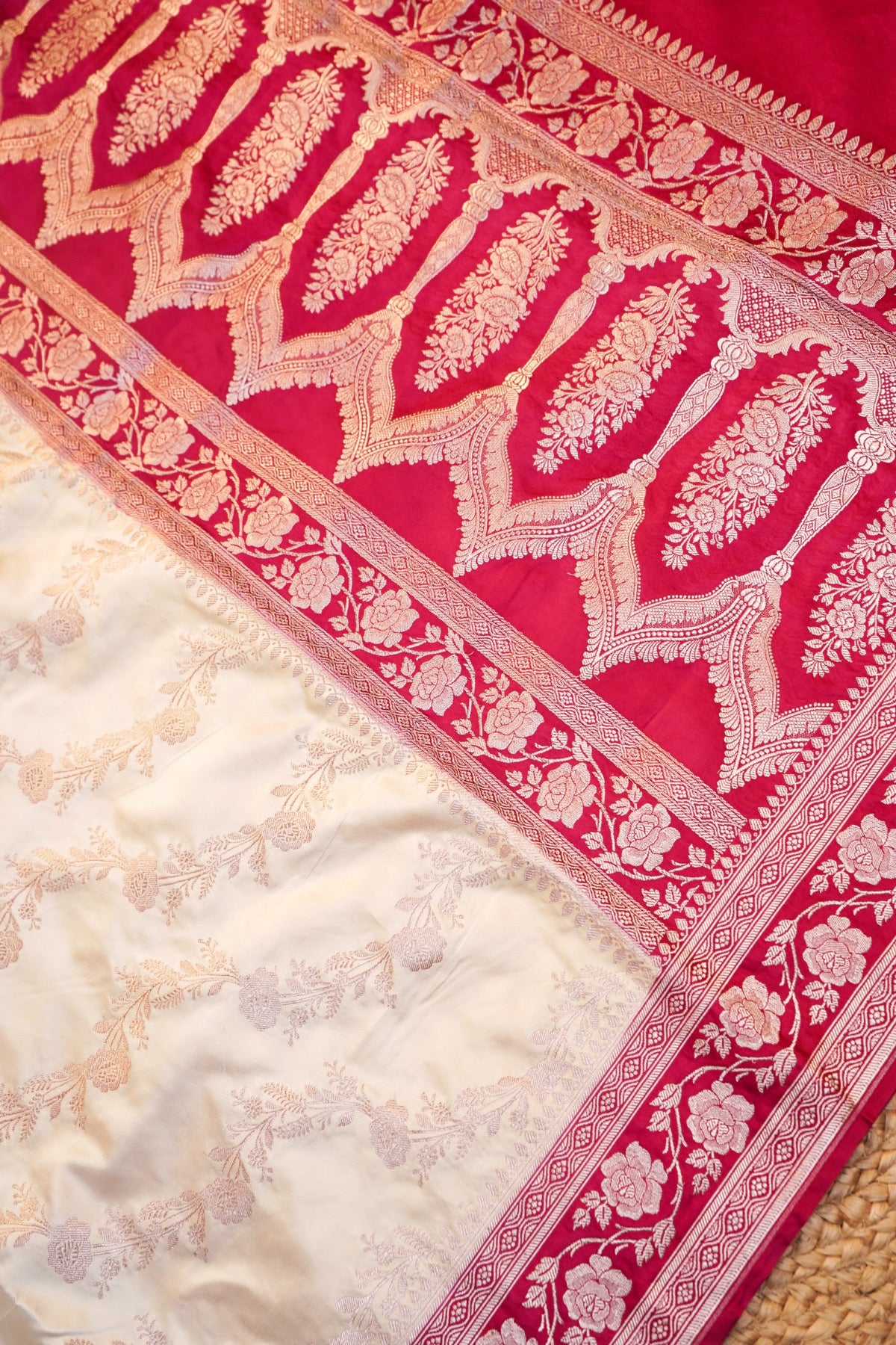Off White Rani Pink Banarasi Mashru Silk Saree