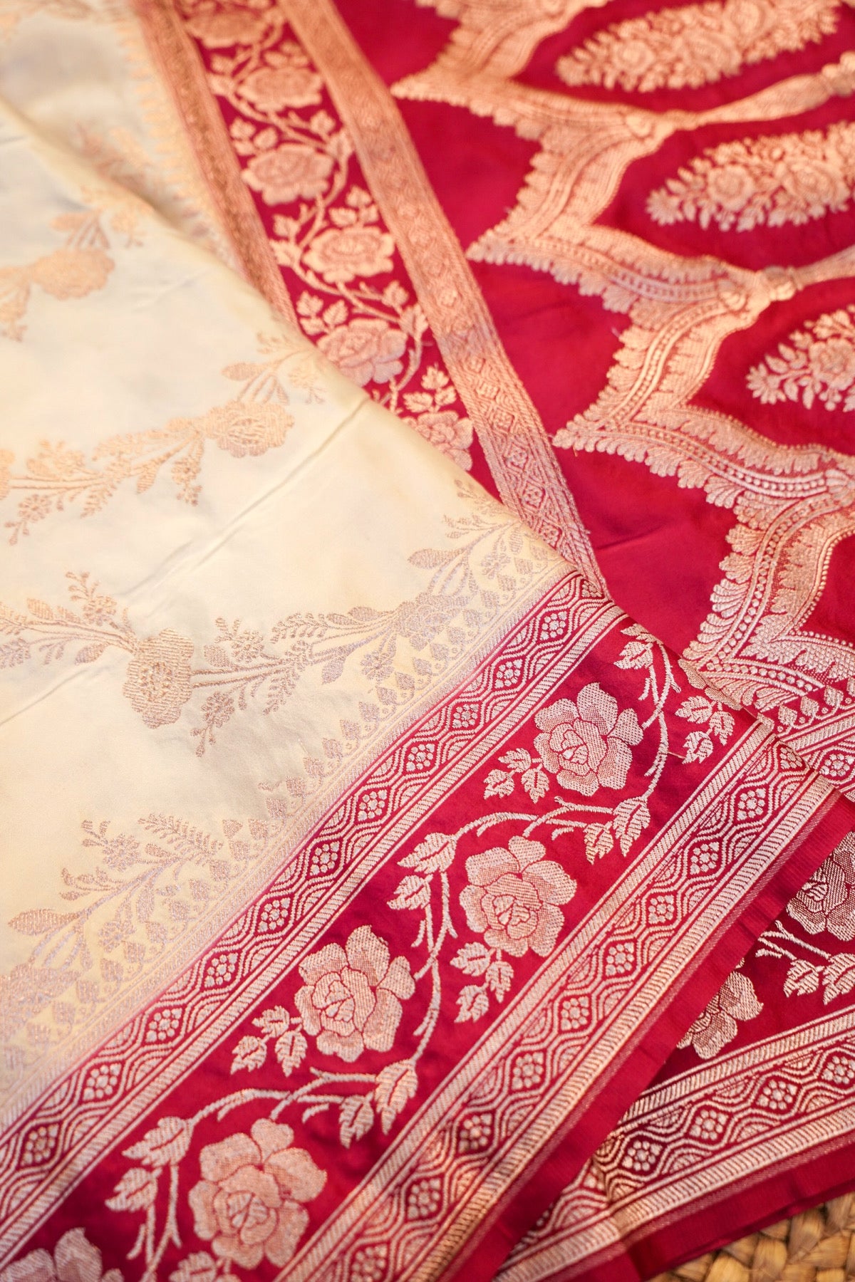 Off White Rani Pink Banarasi Mashru Silk Saree