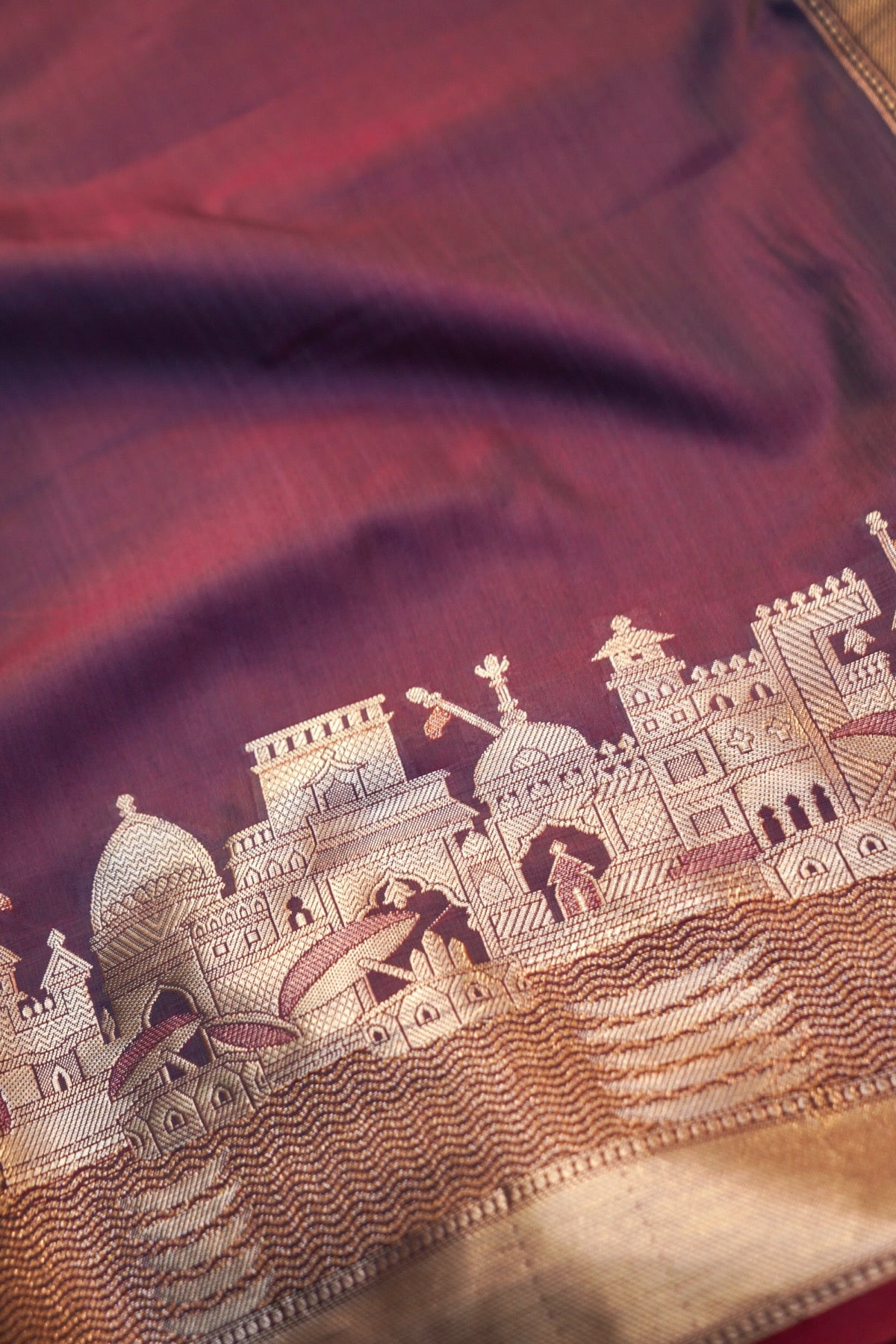 Berry Wine Banarasi Kashi Ghat Soft Silk Saree