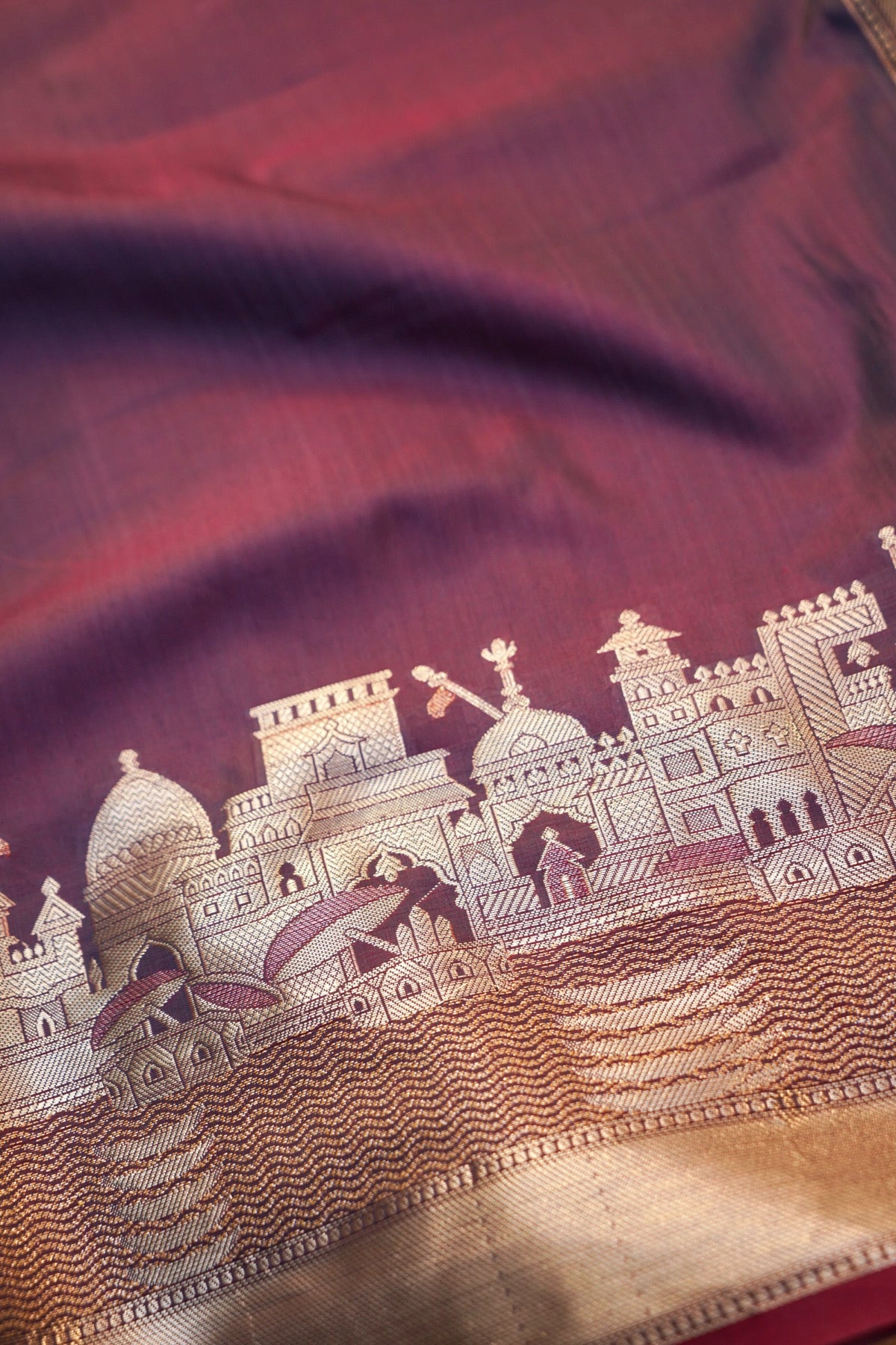Berry Wine Banarasi Kashi Ghat Soft Silk Saree