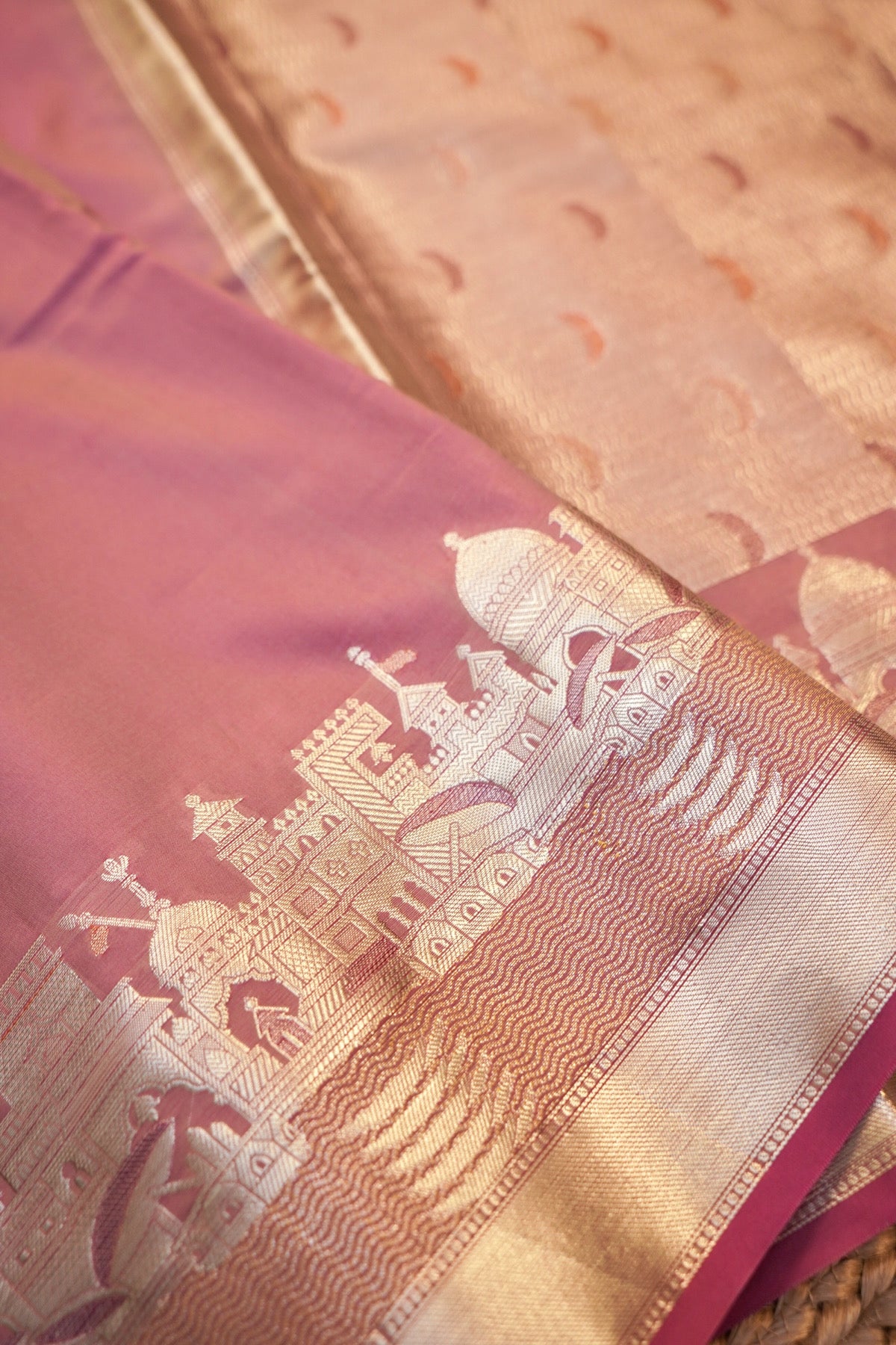Salmon Pink Banarasi Kashi Ghat Soft Silk Saree