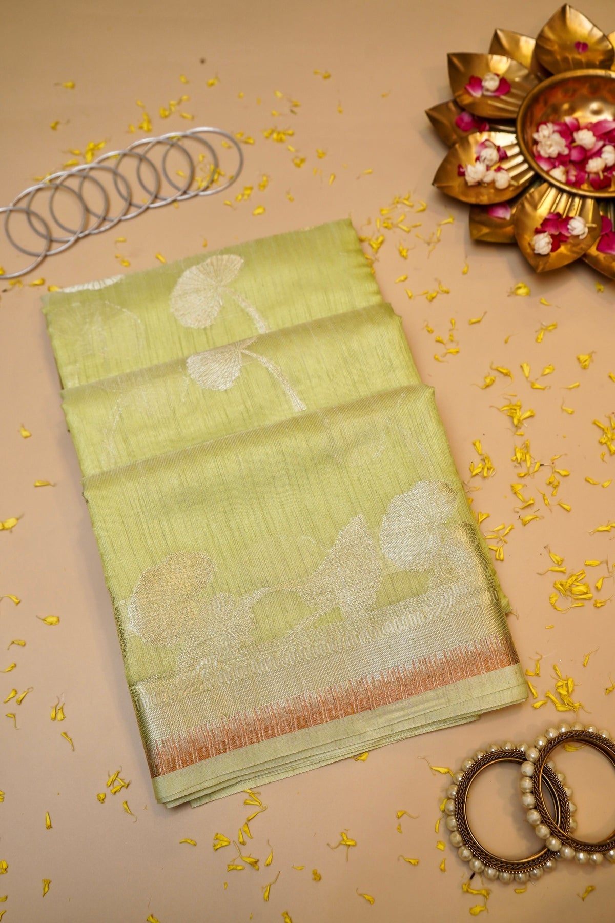 LIME GREEN MUGA TUSSAR SILK SAREE