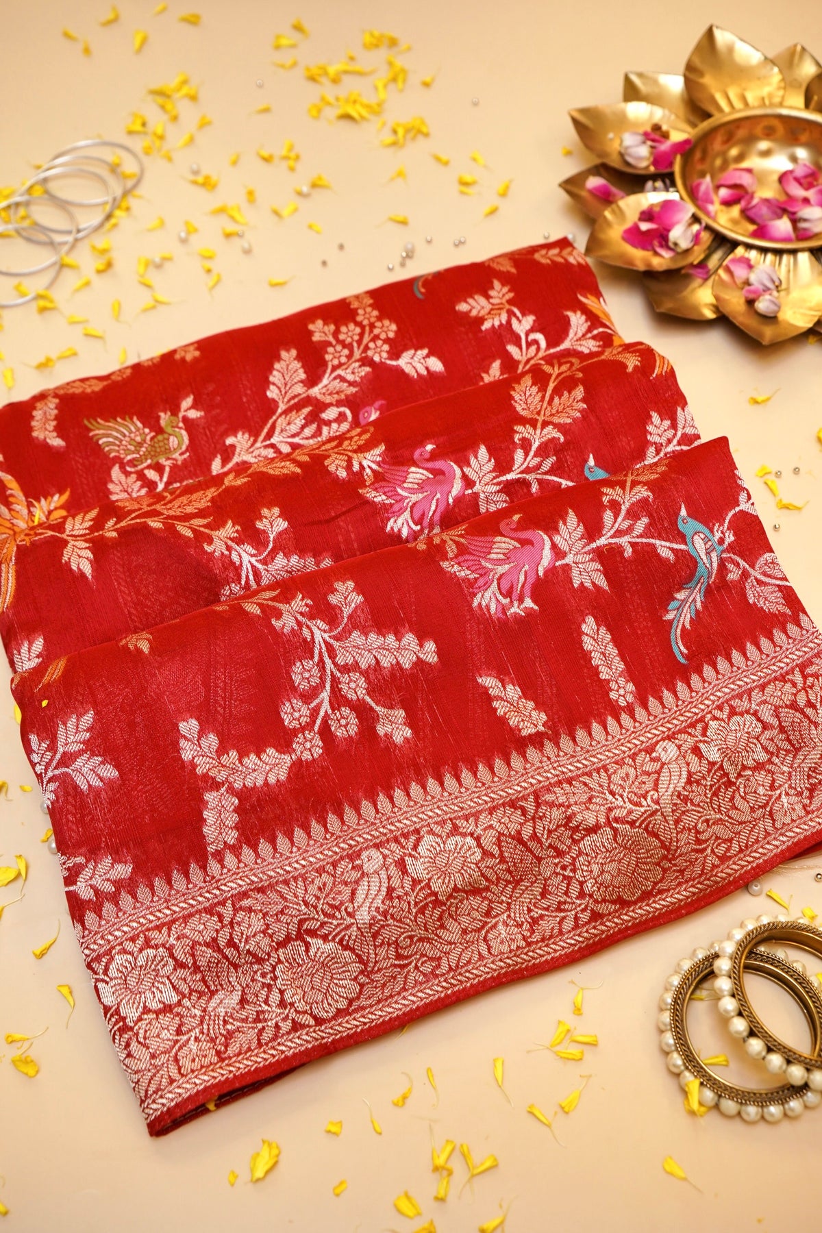 Crimson Red Shikargah Banarasi Tussar Georgette Saree