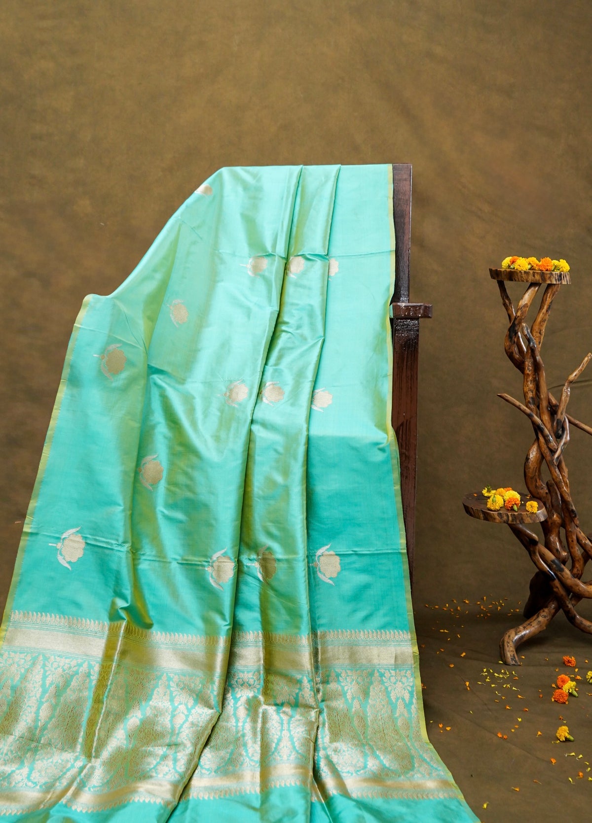 Handwoven Turquoise Blue Buta Pure Banarasi Katan Silk Saree