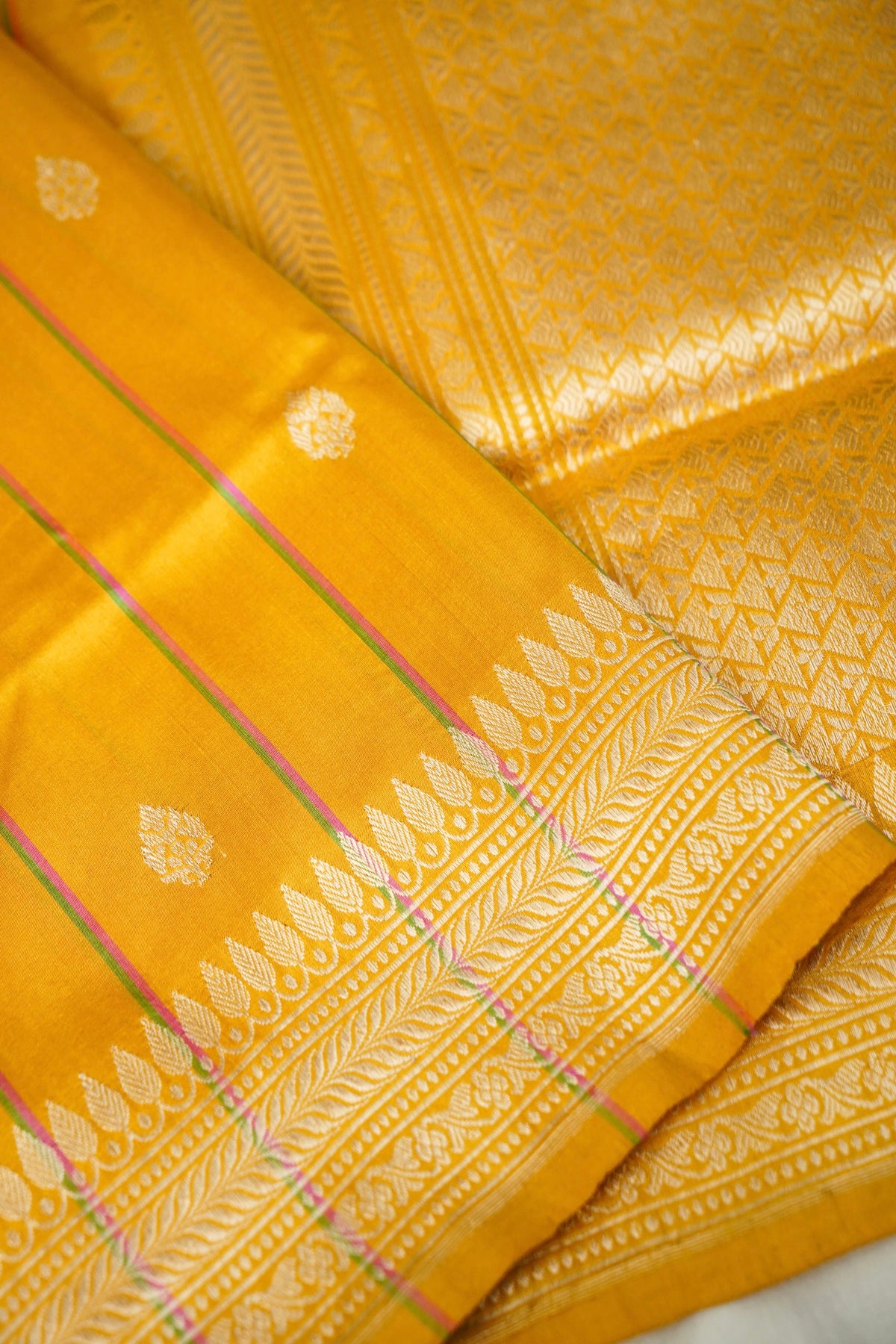 Handwoven Mustard Gold Stripes Pure Banarasi Katan Silk Saree
