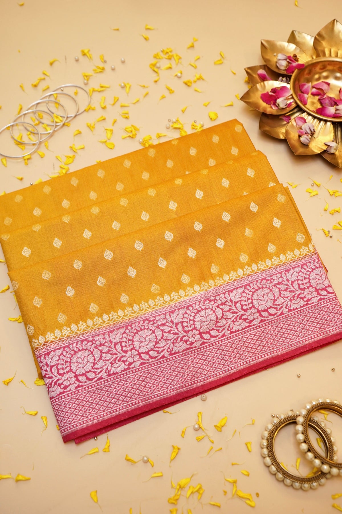 Yellow-Pink Banarasi Soft Chiniya Silk Saree
