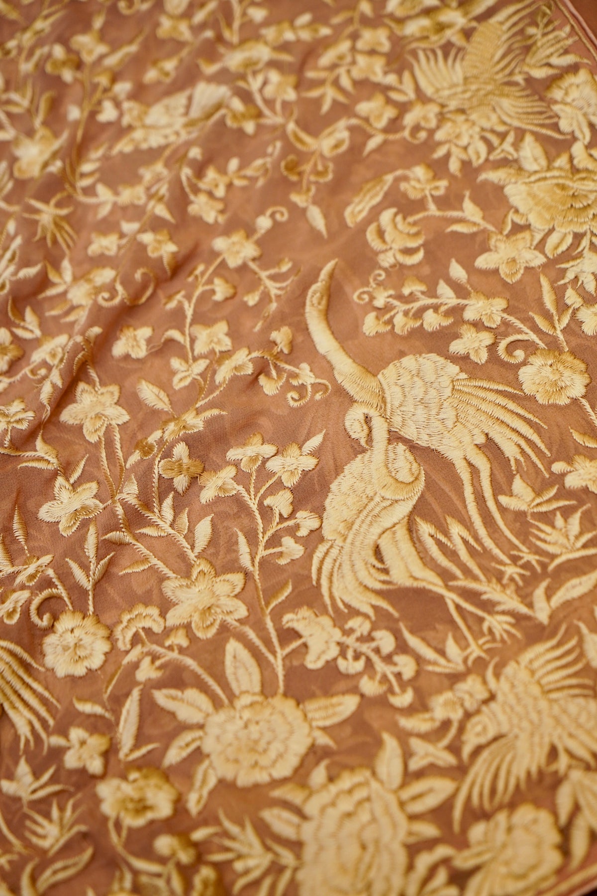 Handwoven Mauve Peach Banarasi Pure Georgette Flamingo Chikankari Saree
