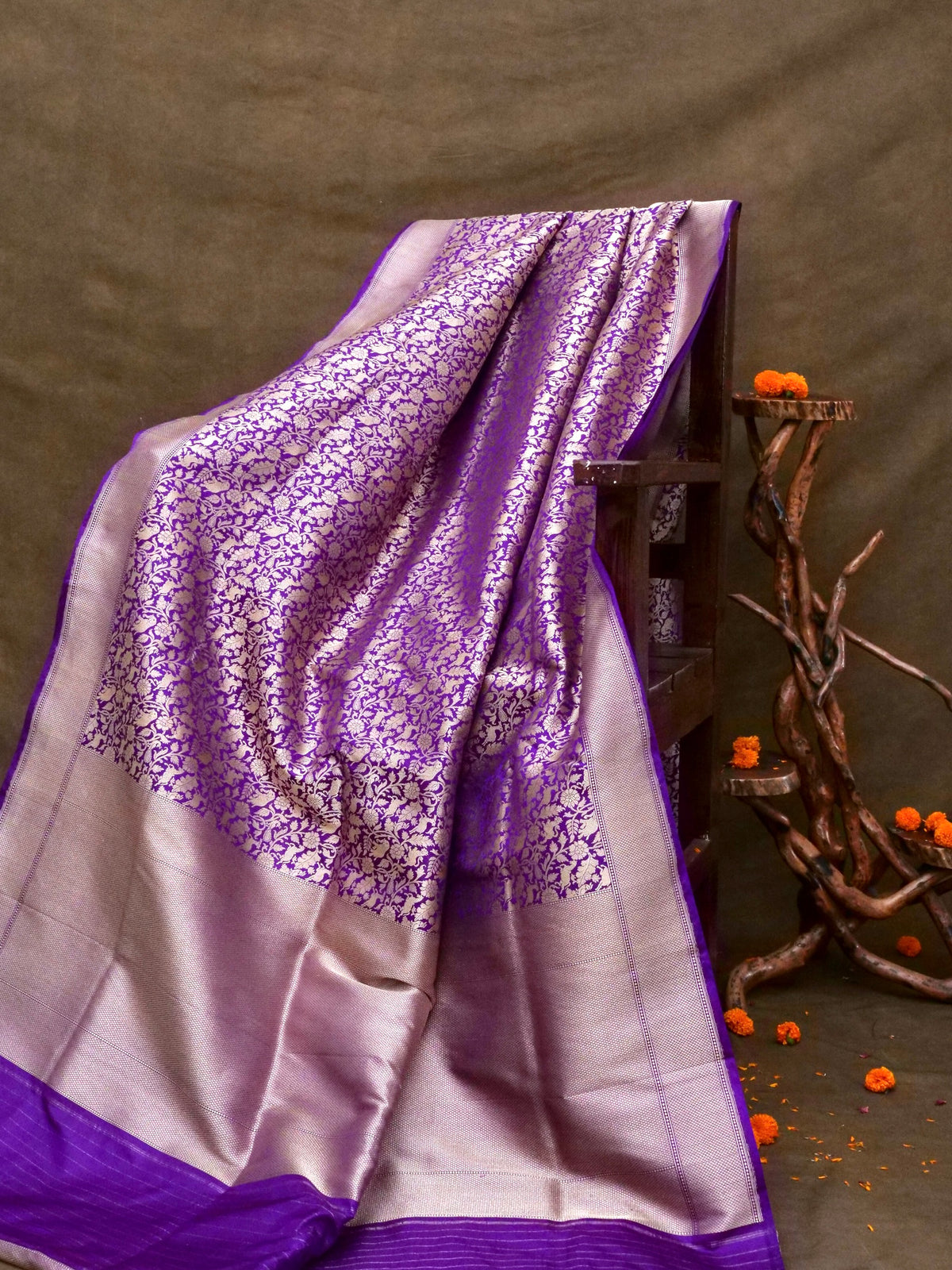 Handwoven Purple Shikargah Pure Banarasi Katan Silk Saree