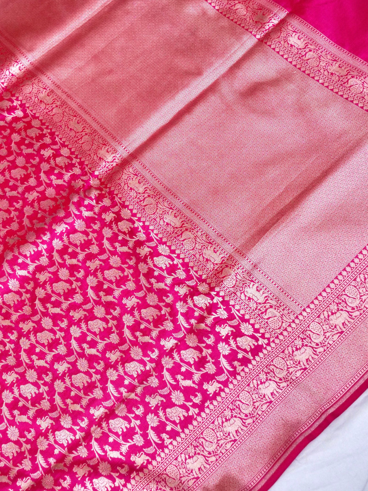 Handwoven Rani Pink Shikargah Pure Banarasi Katan Silk Saree