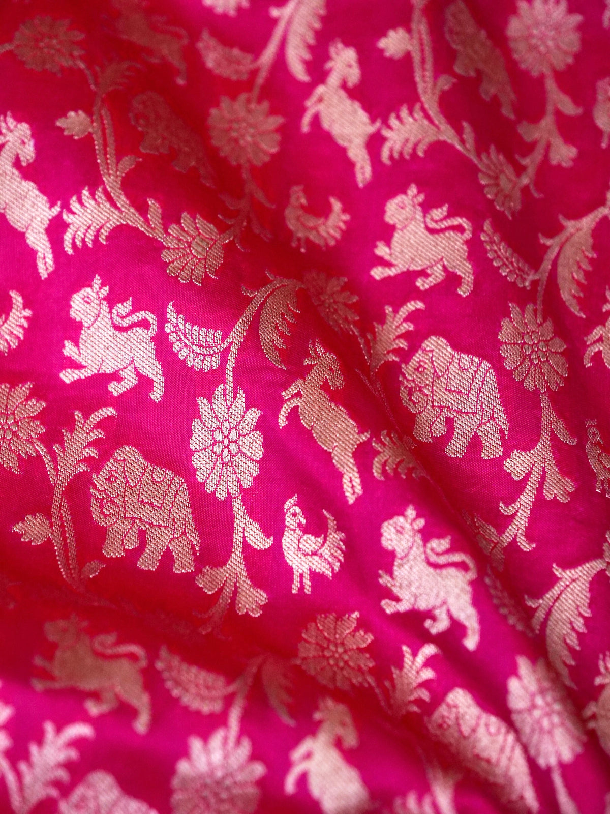 Handwoven Rani Pink Shikargah Pure Banarasi Katan Silk Saree