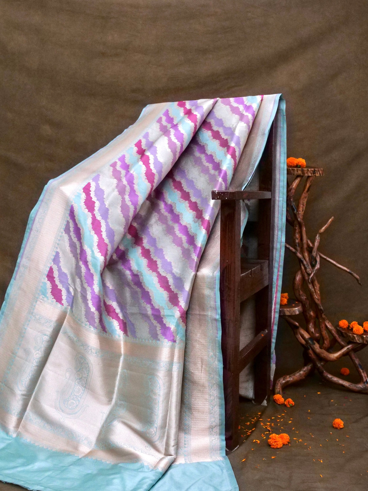 Handwoven Powder Blue Rangkaat Pure Banarasi Katan Silk Saree
