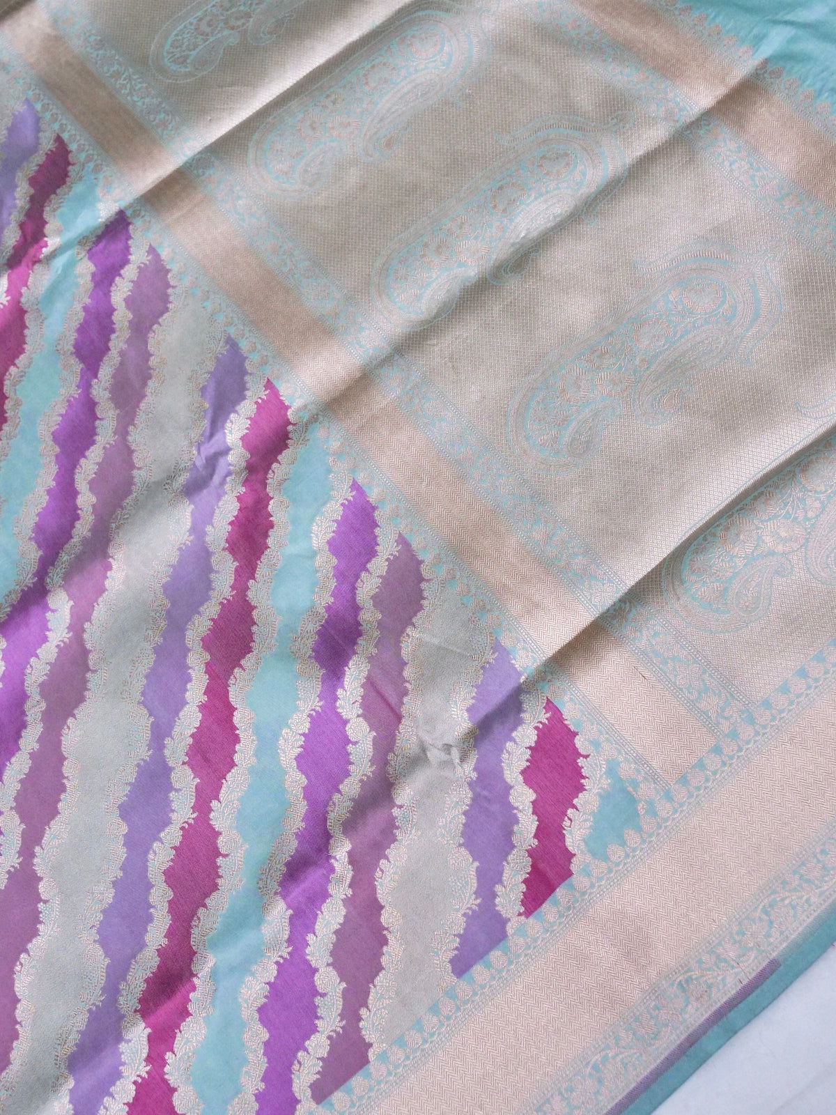 Handwoven Powder Blue Rangkaat Pure Banarasi Katan Silk Saree