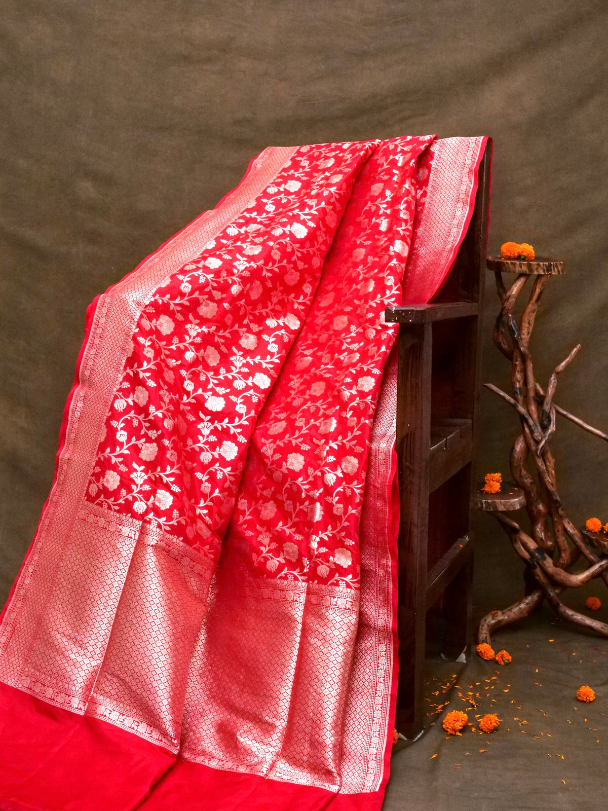 Handwoven Red Jaal Pure Banarasi Katan Silk Saree