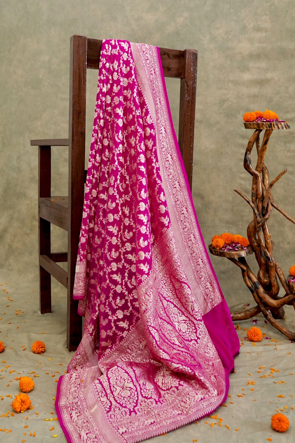 Handwoven Rani Pink Pure Banarasi Shikargah Khaddi Georgette Saree
