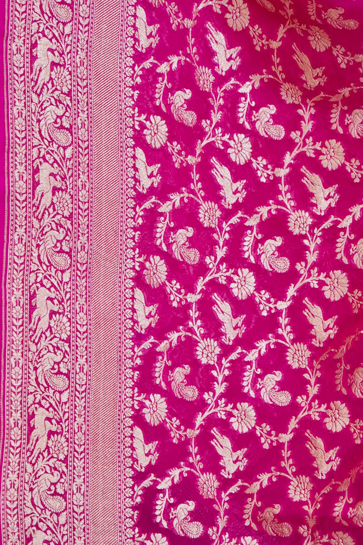 Handwoven Rani Pink Pure Banarasi Shikargah Khaddi Georgette Saree