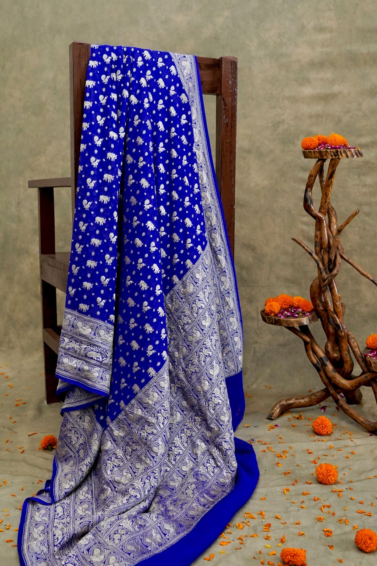 Handwoven Royal Blue Pure Banarasi Shikargah Khaddi Georgette Saree