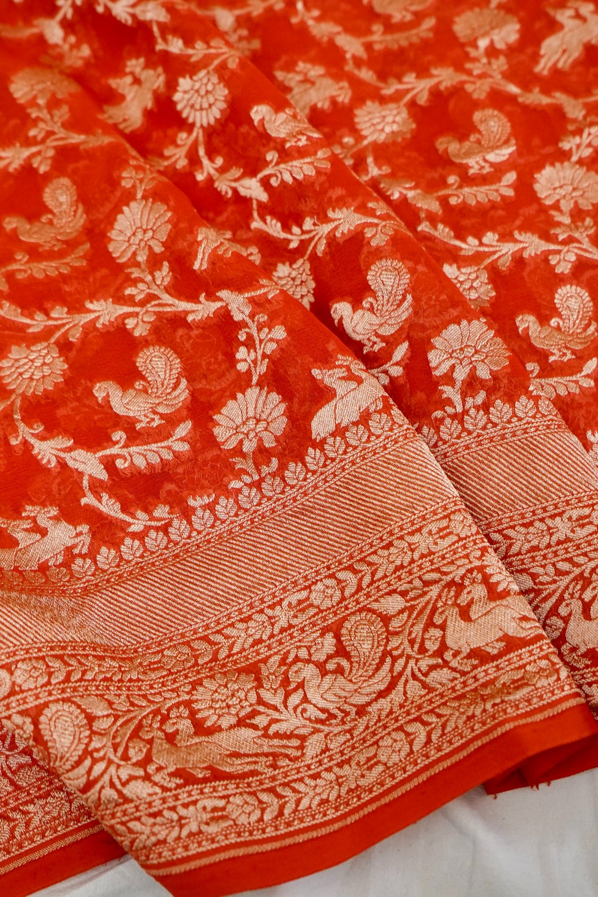 Handwoven Orange Pure Banarasi Shikargah Khaddi Georgette Saree