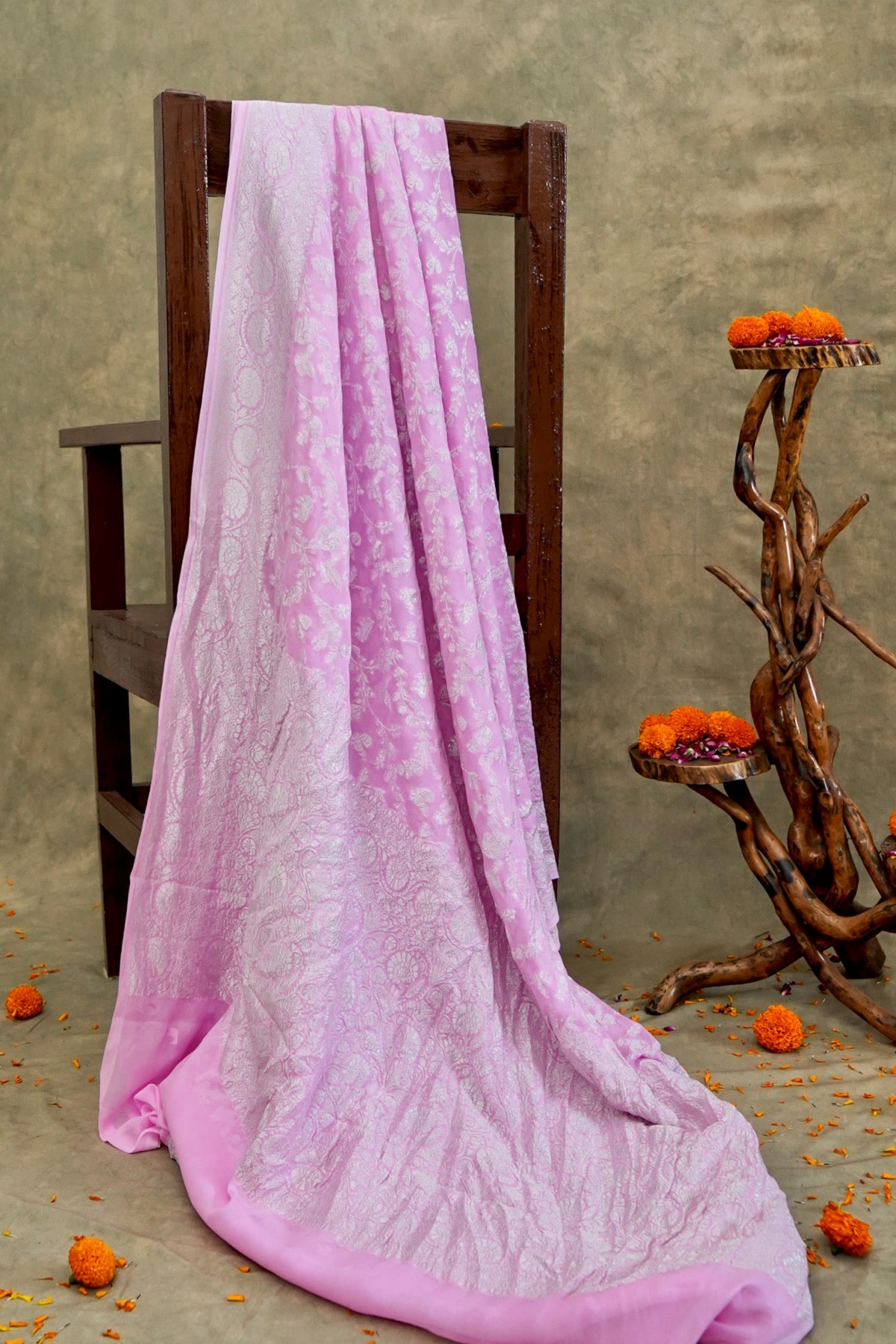 Handwoven Pink Pure Banarasi Meenakari Khaddi Georgette Saree