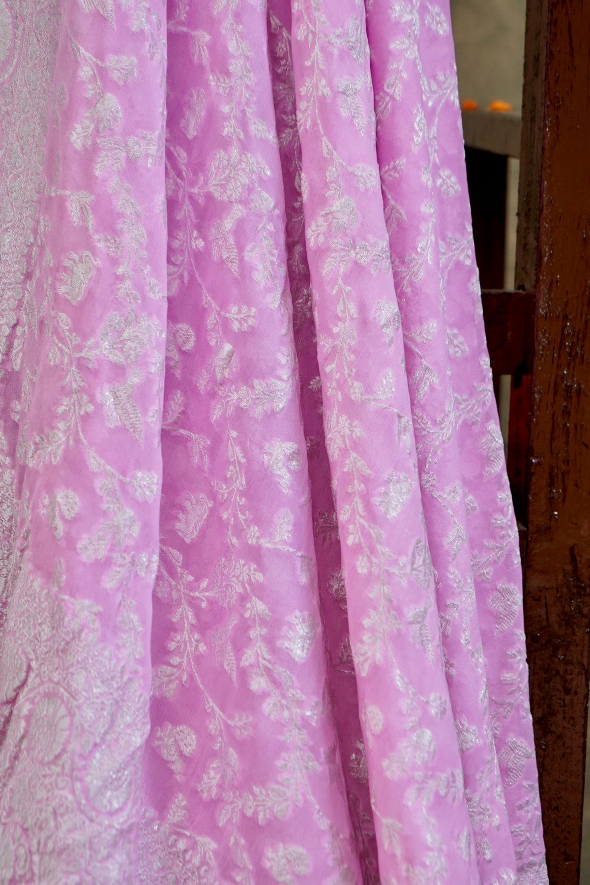 Handwoven Pink Pure Banarasi Meenakari Khaddi Georgette Saree