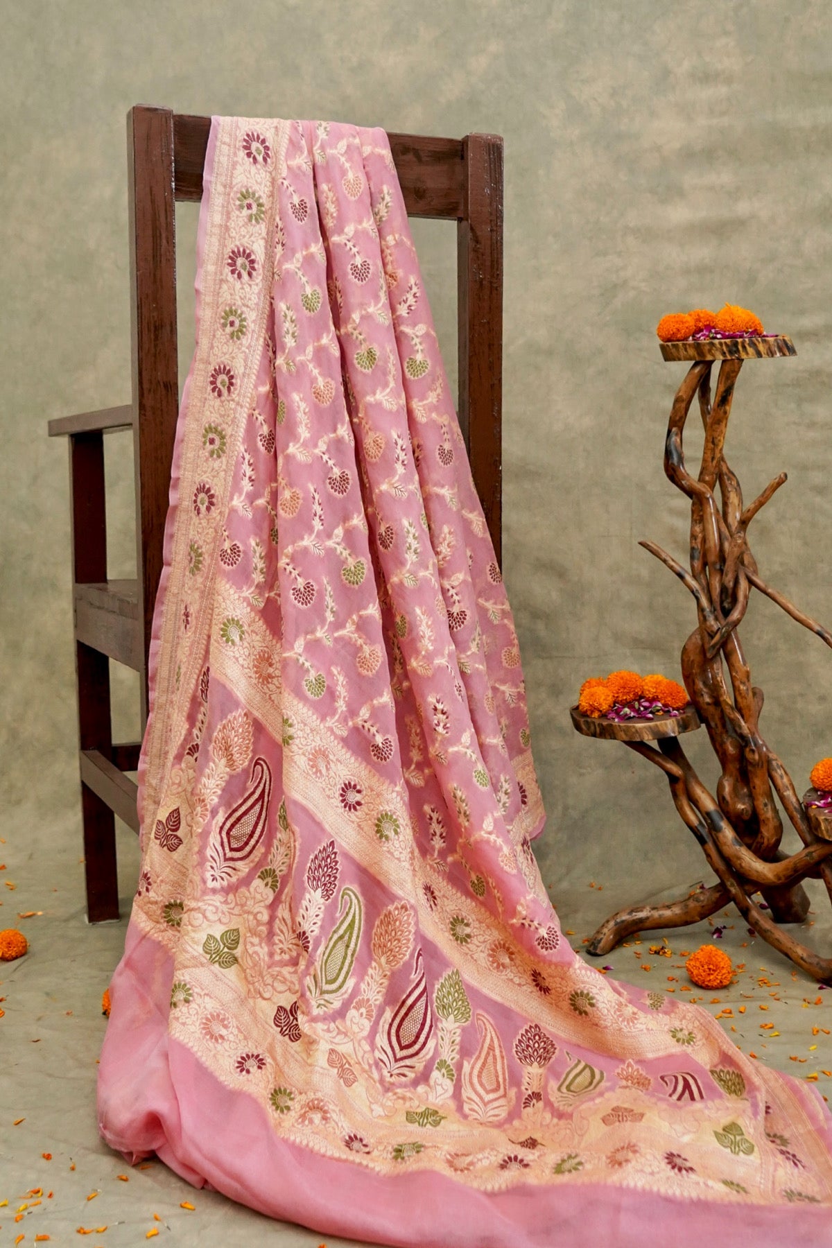 Handwoven Pink Pure Banarasi Khaddi Chiffon Saree