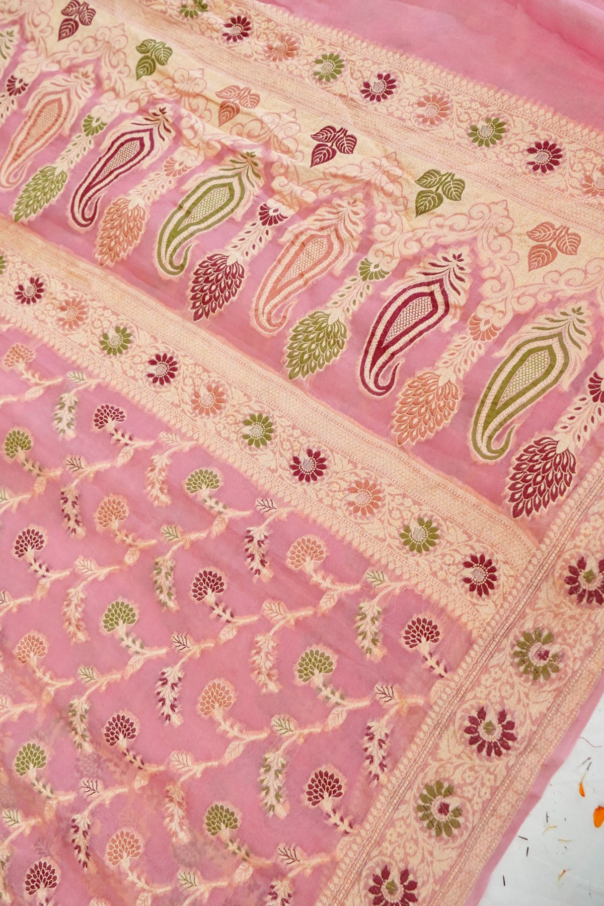 Handwoven Pink Pure Banarasi Khaddi Chiffon Saree
