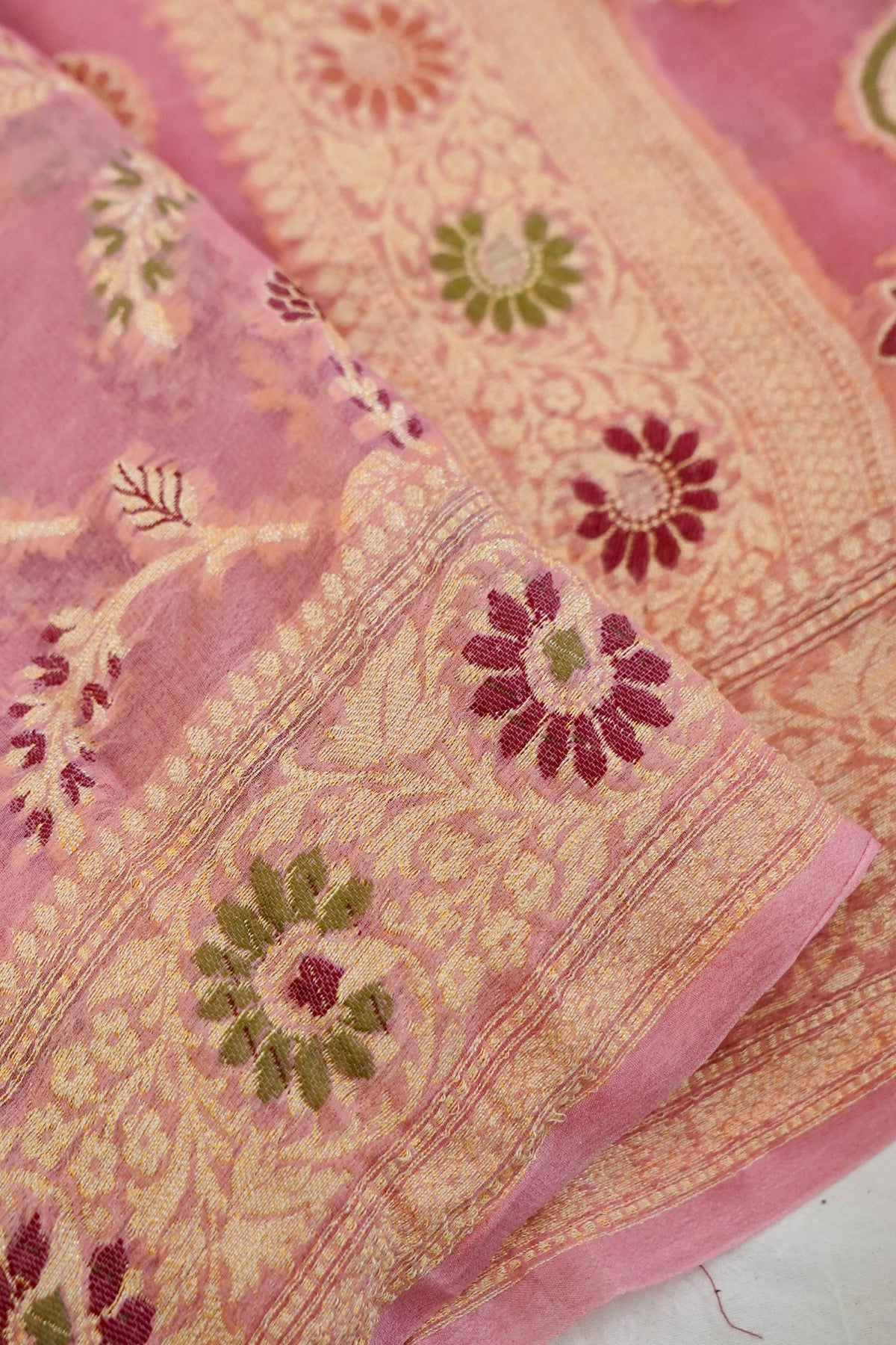 Handwoven Pink Pure Banarasi Khaddi Chiffon Saree