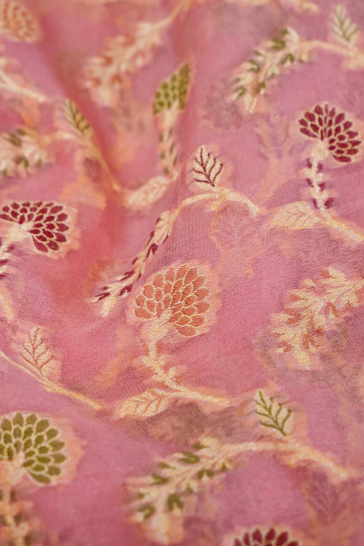 Handwoven Pink Pure Banarasi Khaddi Chiffon Saree