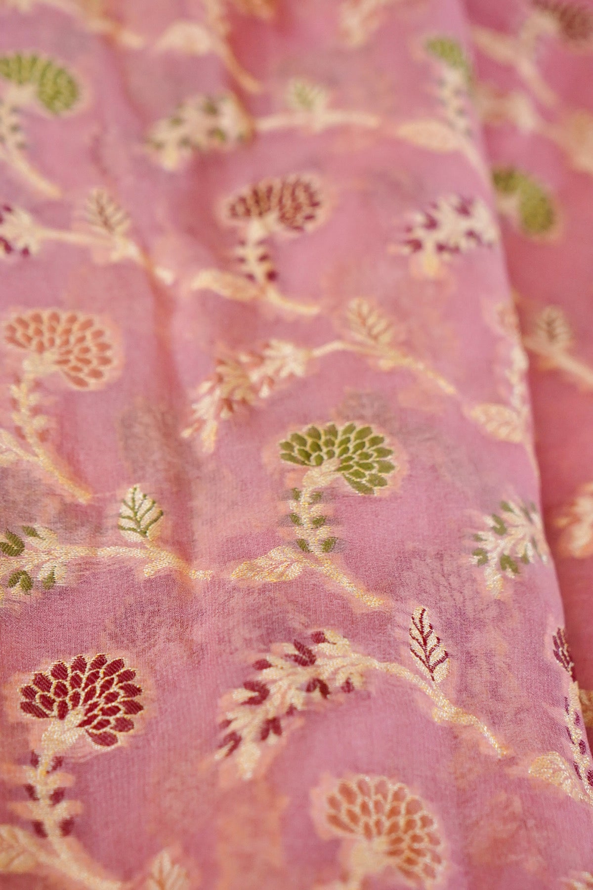 Handwoven Pink Pure Banarasi Khaddi Chiffon Saree