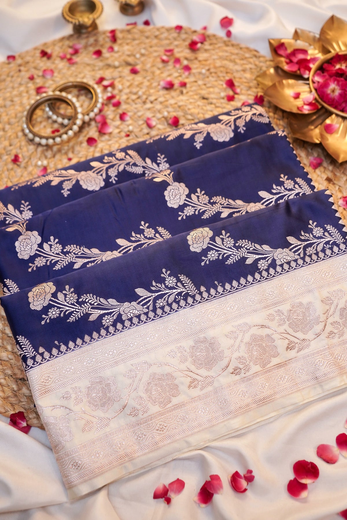 Midnight Blue Ivory Banarasi Mashru Silk Saree