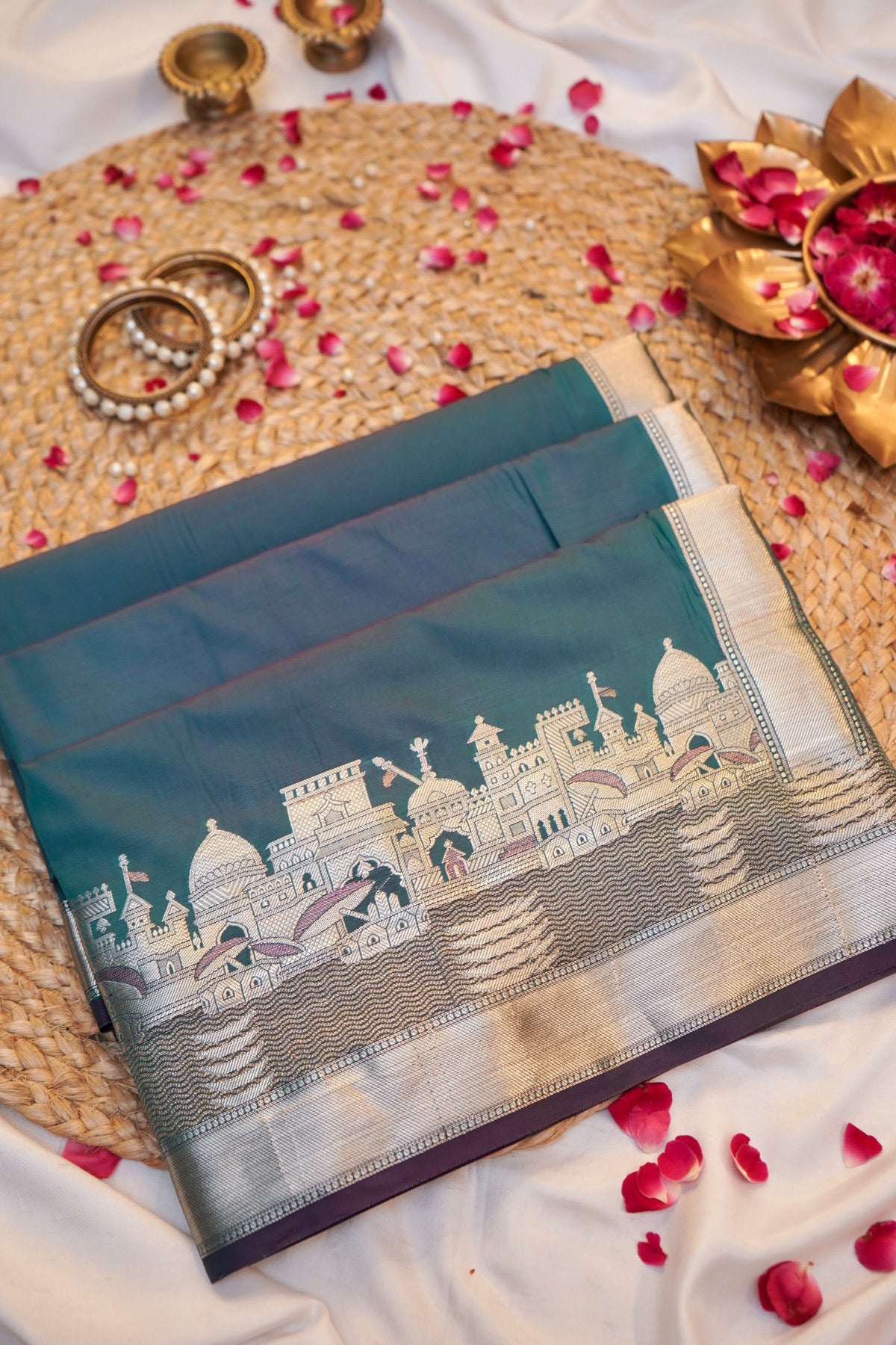Teal Green Banarasi Kashi Ghat Soft Silk Saree