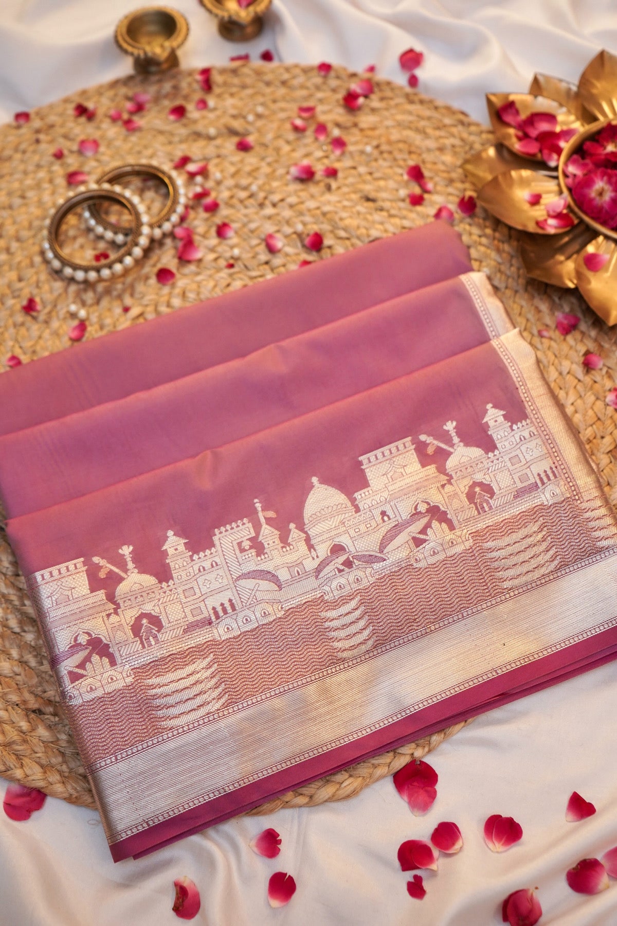 Salmon Pink Banarasi Kashi Ghat Soft Silk Saree