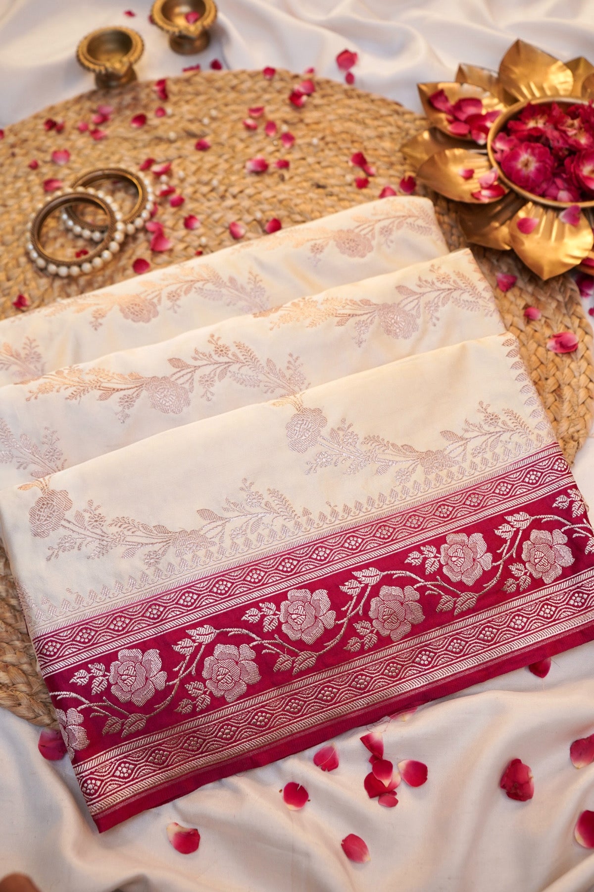 Off White Rani Pink Banarasi Mashru Silk Saree