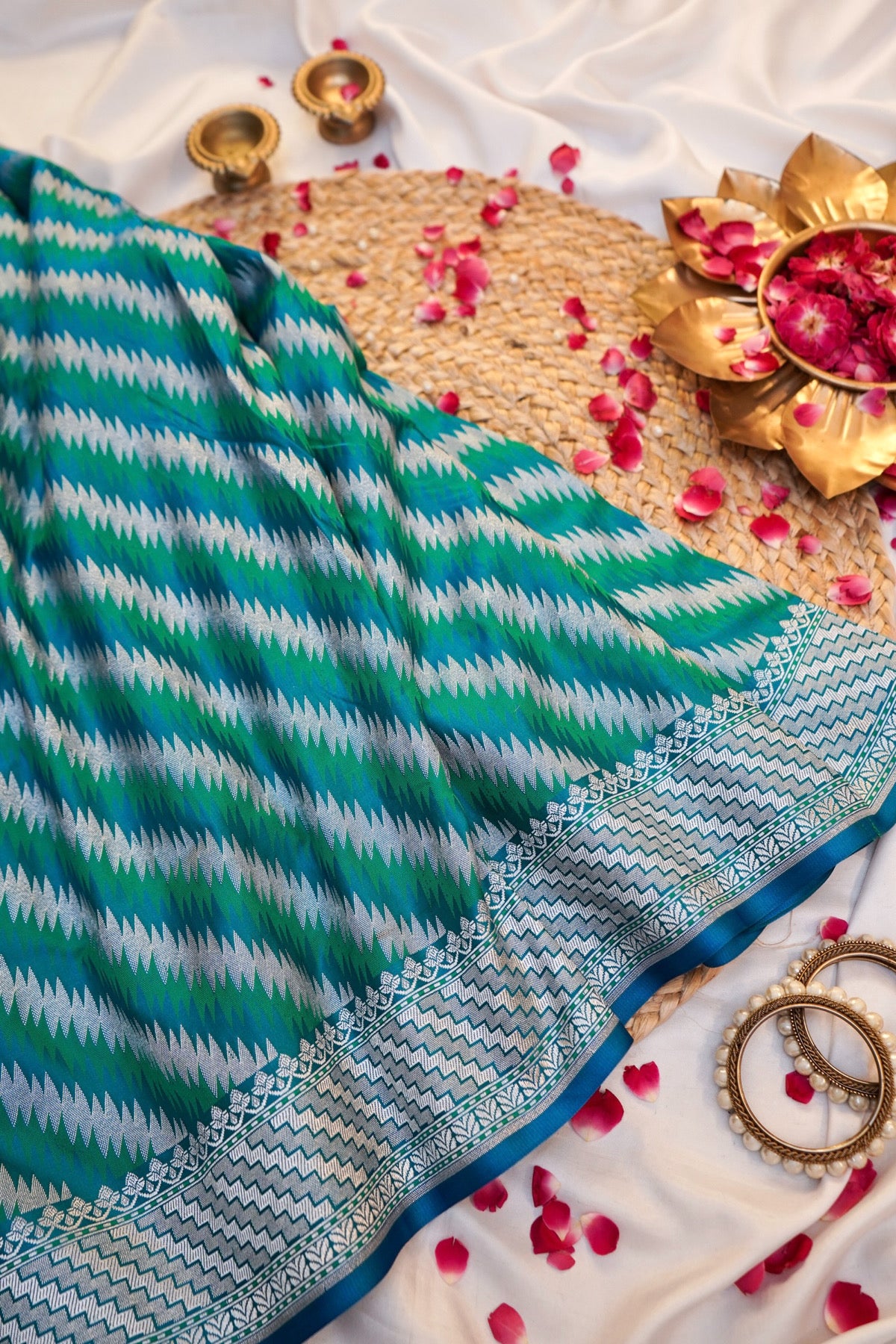 Peacock Blue Rangkaat Banarasi Mashru Silk Saree