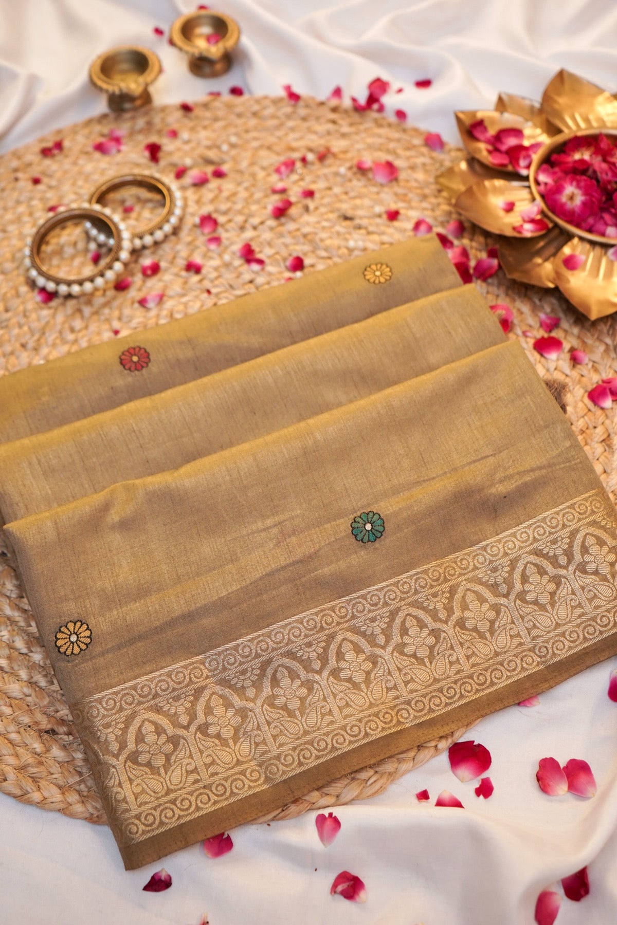 Gold Banarasi Soft Tussar Silk Saree