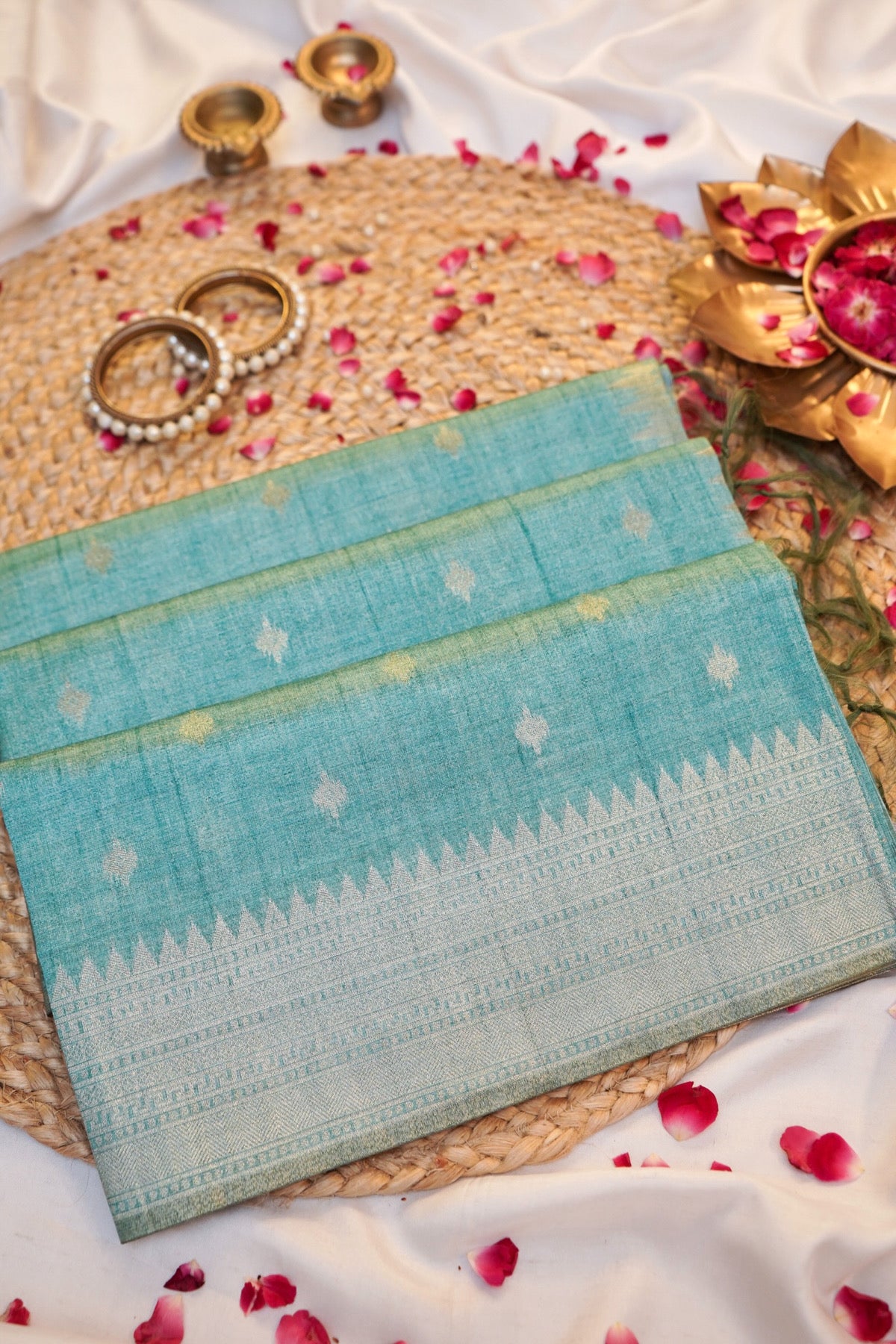 Turquoise Blue Banarasi Raw Tussar Silk Saree