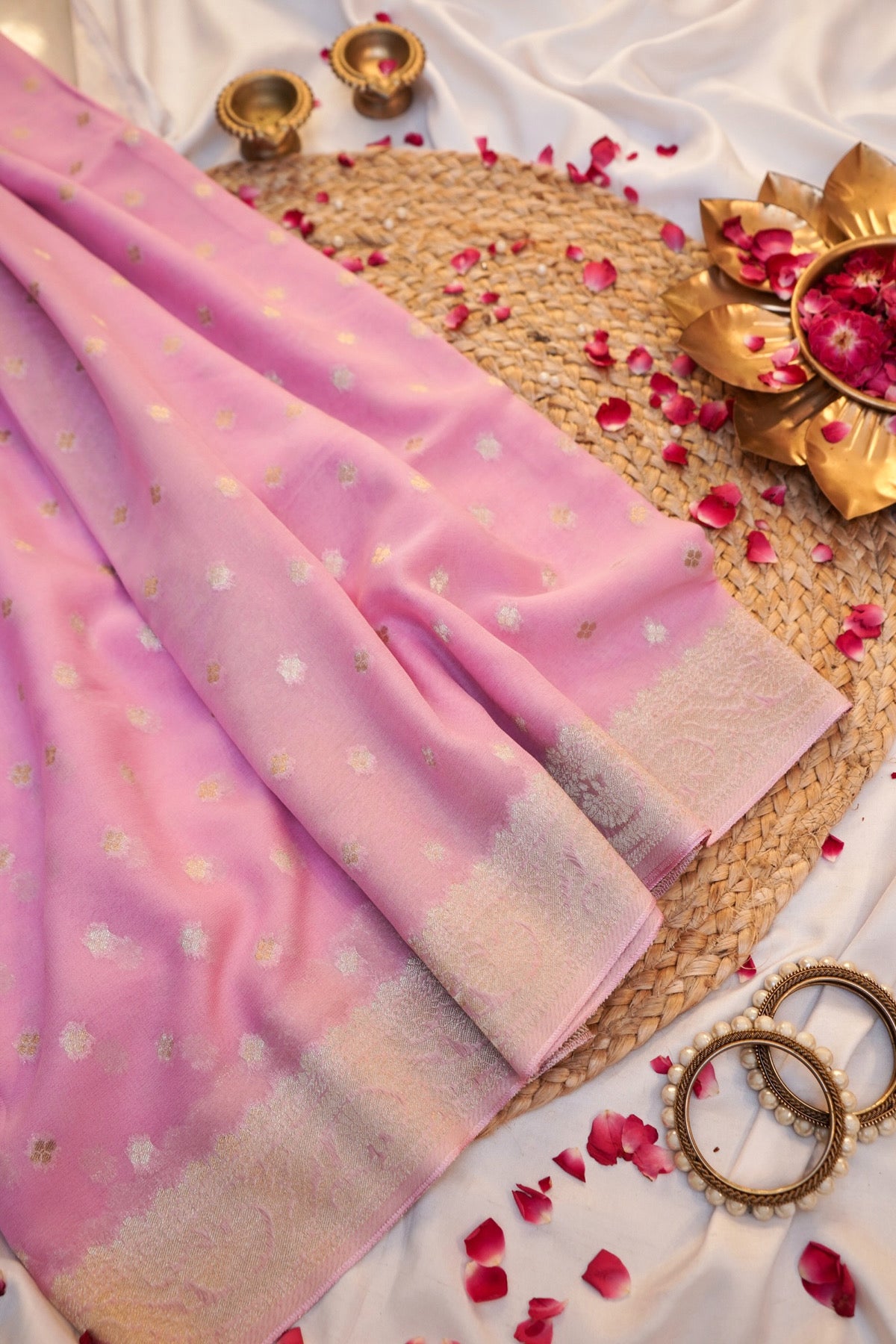 Baby Pink Banarasi Georgette Silk Saree