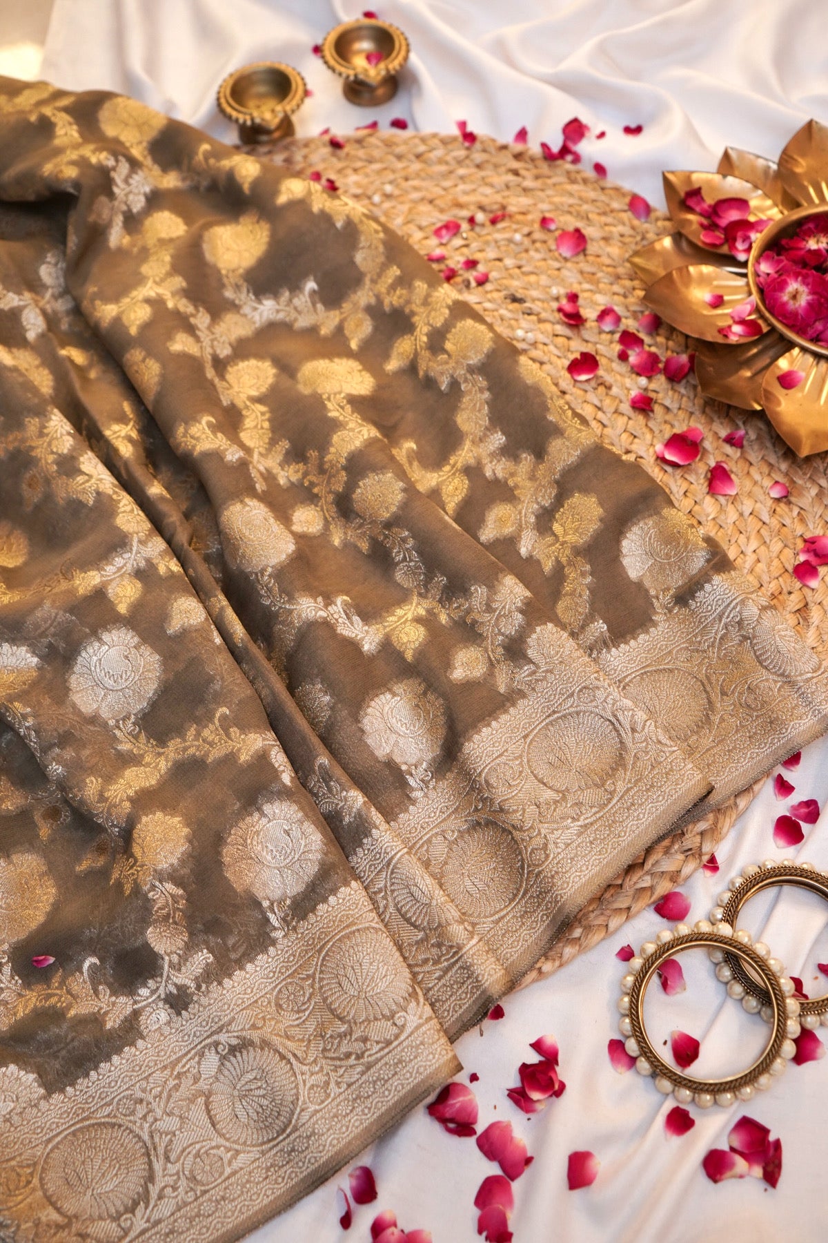 Gold Tan Banarasi Georgette Silk Saree